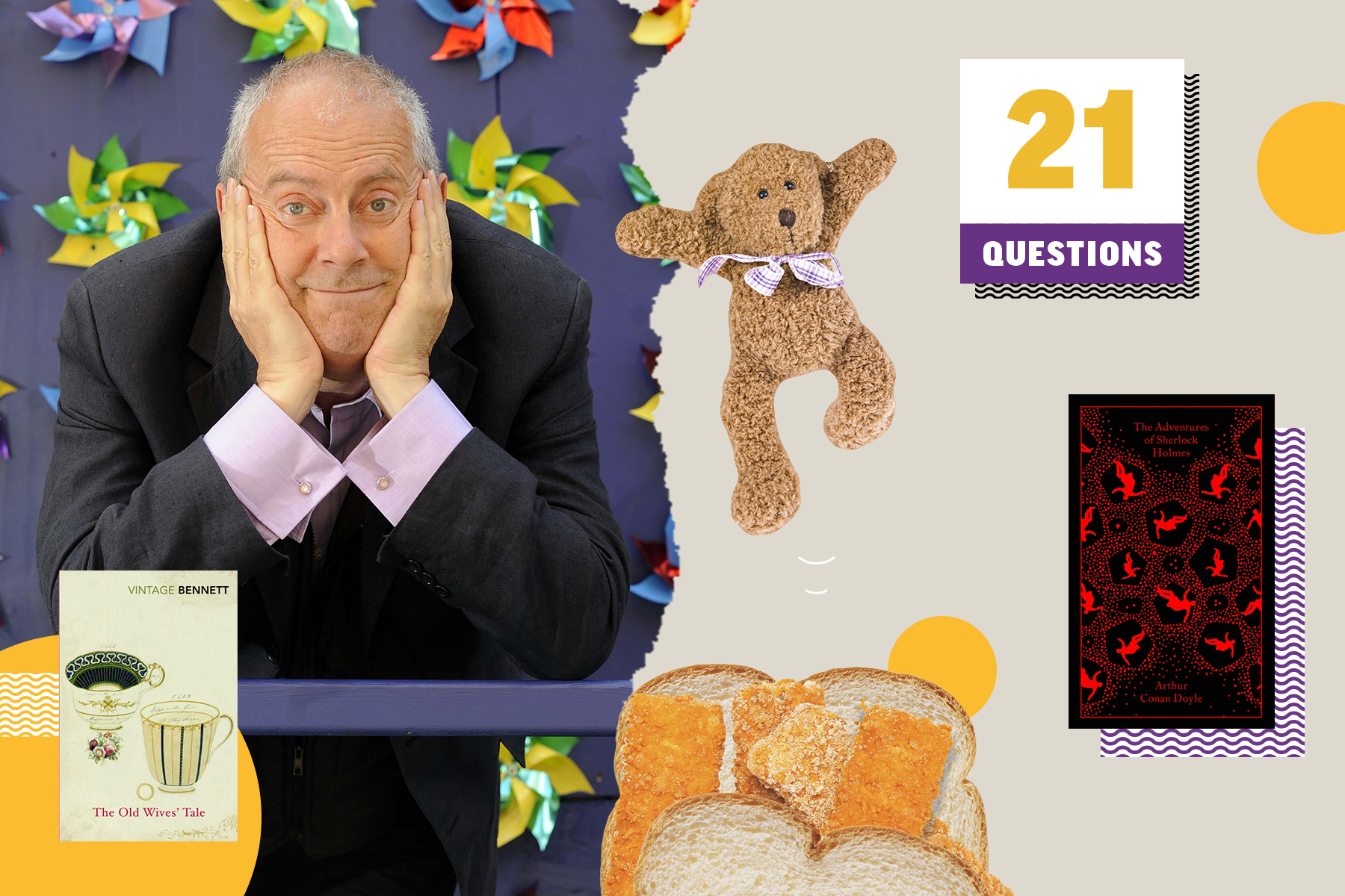 An image of author Gyles Brandreth leaning on his hands in front of a purple background with colourful pinwheels. Next to him is a collage that includes a teddy bear, The Adventures of Sherlock Holmes clothbound classic, The Old Wive's Tale and a fish finger sandwich.