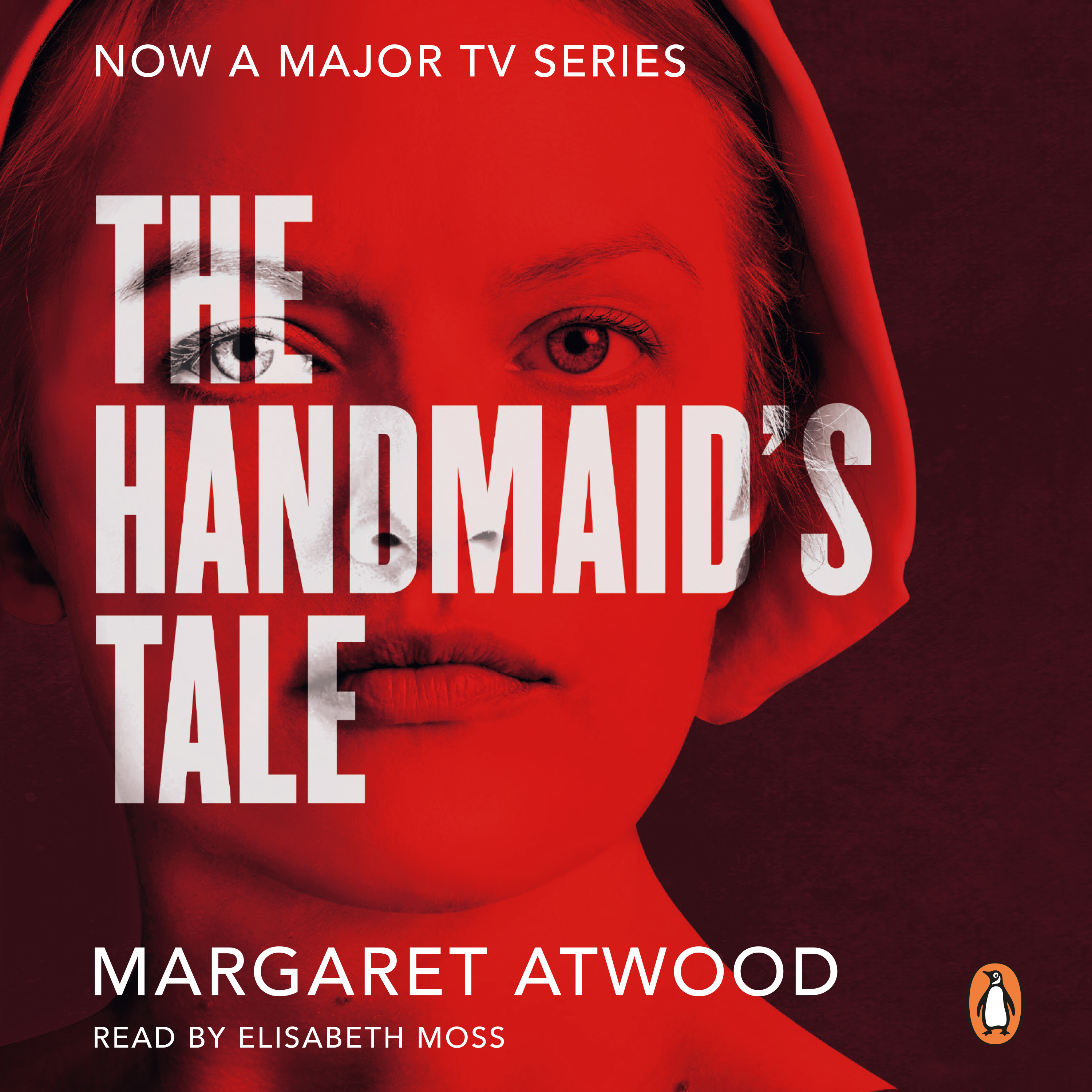 A dark red cover with a picture of Elisabeth Moss playing the character of Offred taking up the image. "The Handmaid's Tale in large white font across the middle with Maragret Atwood's name in white at the bottom.