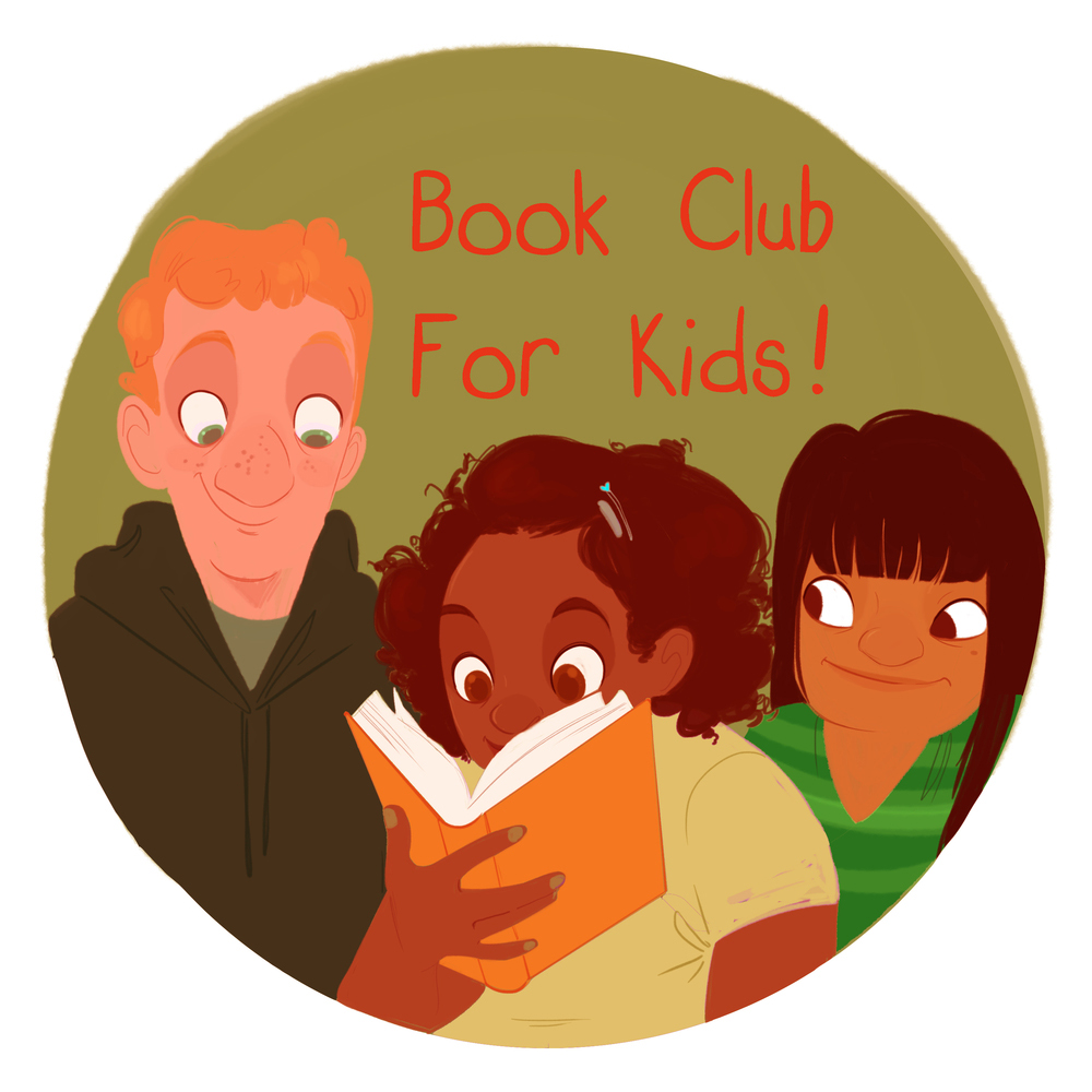 An image of the Book Club for Kids podcast logo. It shows a circle and within that is an illustration of three children reading a book together. Above them is the title of the podcast in a red font.