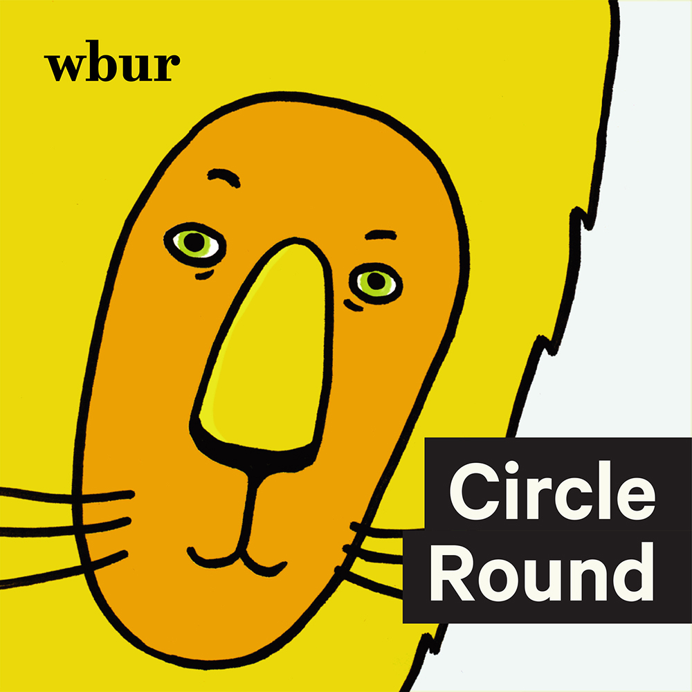 An image of the Circle Round podcast logo. It shows a yellow and orange illustration of a lions face which is smiling. The title of the podcast sits in the right hand bottom corner of the image in white font on top of two black rectangles.