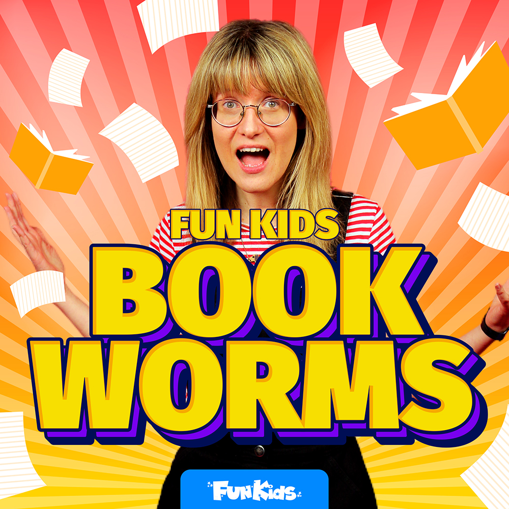 An image of the Fun Kids Book Worms logo. It features a photo of the host Bex who is blonde, wears glasses and is in a red and white striped t-shirt. She is surrounded by illustrations of books and pages flying in the air and behind her is a red, orange and yellow sunbeam. The title is in a big and bold yellow font.