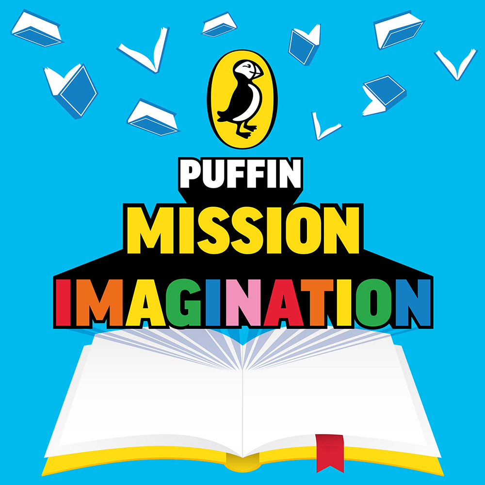 An image of the Puffin Mission Imagination podcast. It shows Puffin logo above the title in multicoloured writing which is then above an illustration of an open book. At the top there are small illustrations of books flying in the air. All of this is on a bright blue background