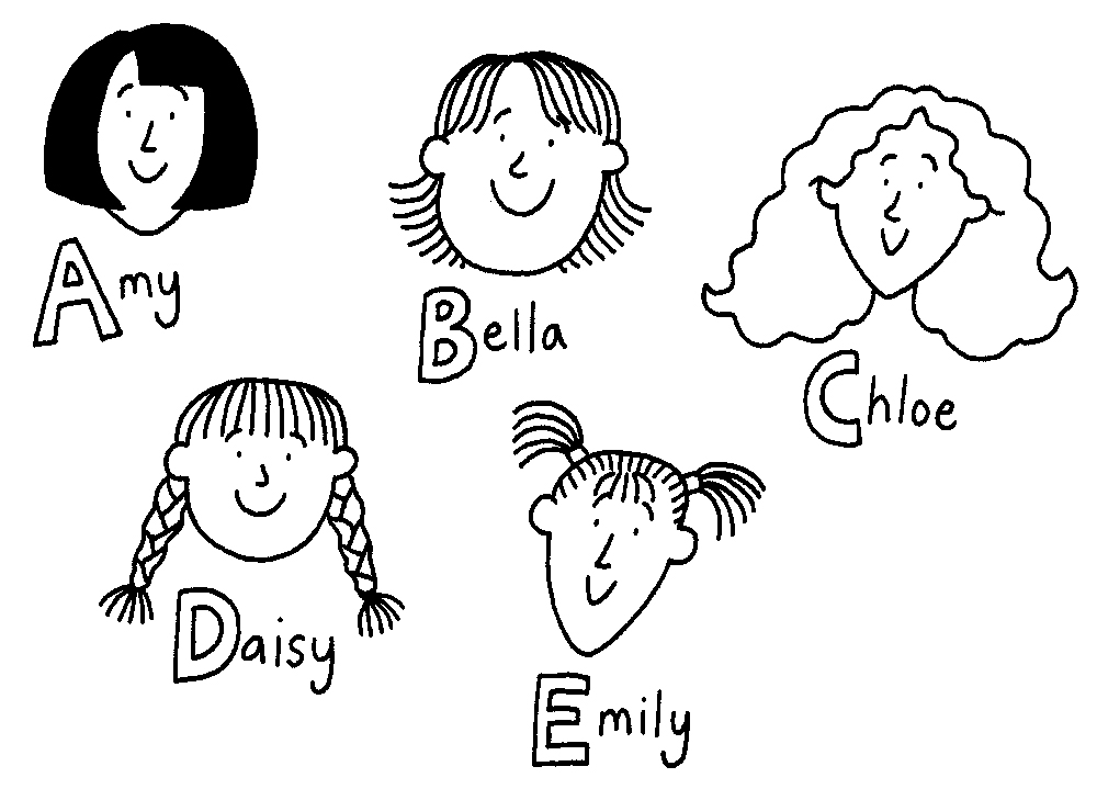 An illustration by Nick Sharratt from Sleepovers of the five girls with their names underneath. They are in alphabetical order: Amy, Bella, Chloe, Daisy and Emily