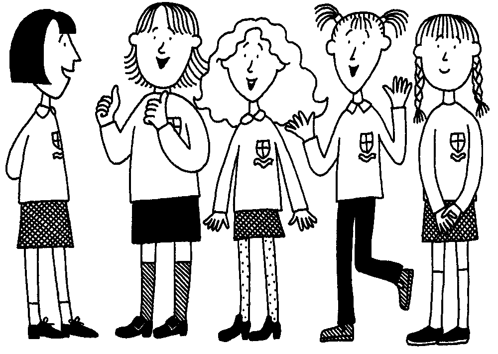 An illustration by Nick Sharratt from Sleepovers of the five main characters. All the girls are standing together and talking whilst wearing their school uniforms