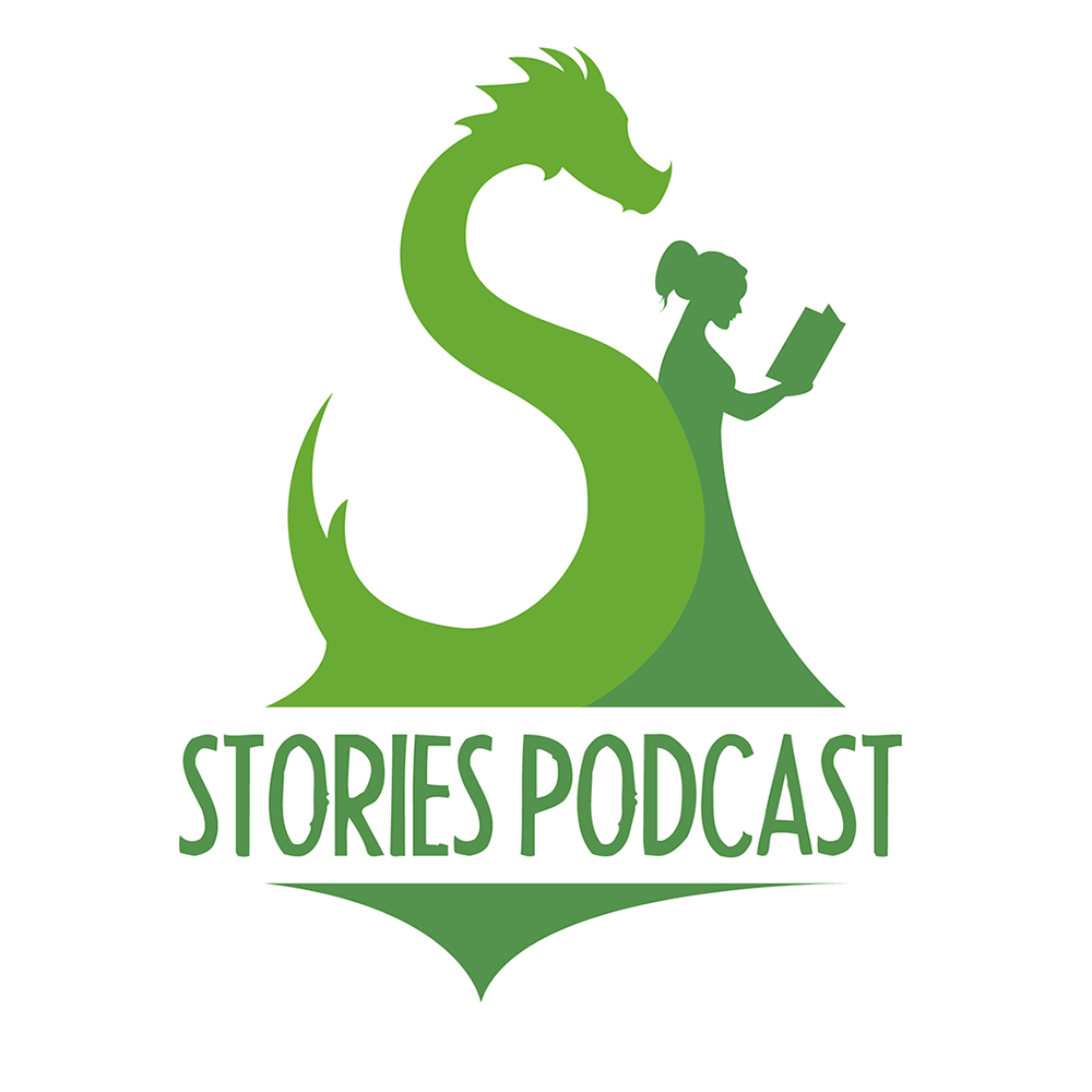 An image of the Stories Podcast logo. It features a silhouette drawing in green of a dragon and a princess reading a book on a plain white background. The title of the podcast is also in green and sits at the bottom of the image.