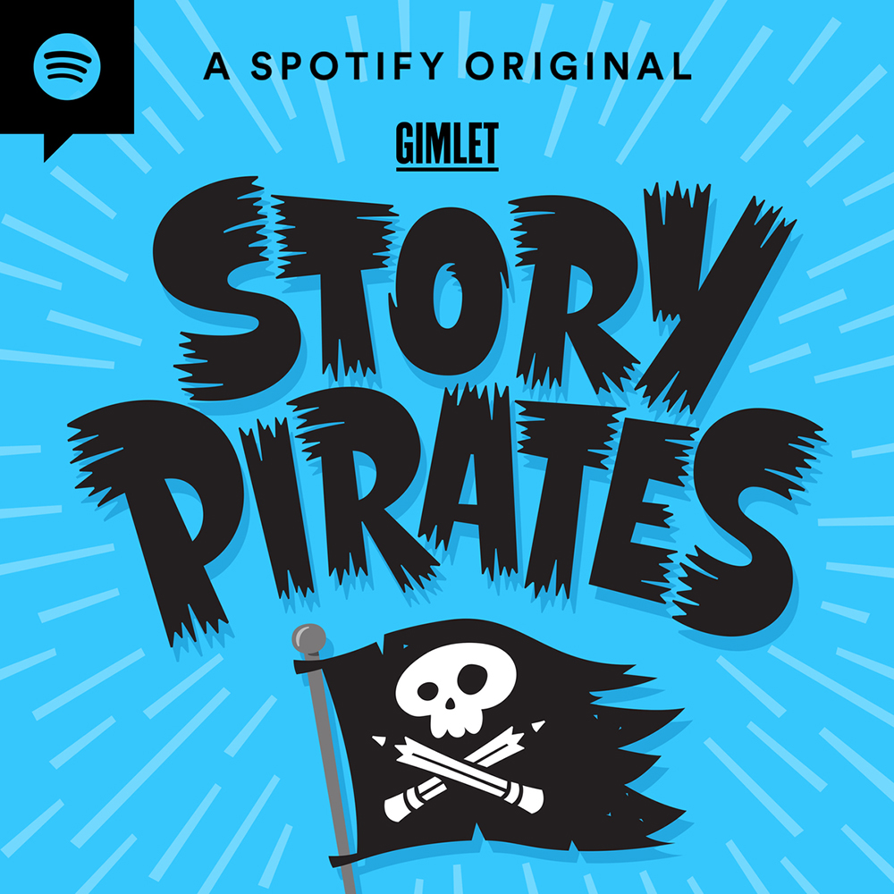 An image of the Story Pirates podcast logo. It shows the title in black writing above a pirate flag that features a skull and crossbones on it. This is on a bright blue background with lighter blue lines