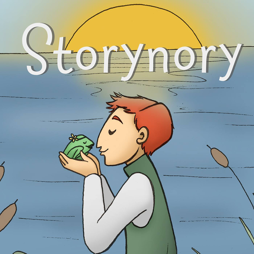 An image of the Storynory logo. It shows a young ginger-haired boy about to kiss a frog and in the background is the sea and the sun setting. The Storynory title sits at the top of the image in a white font.
