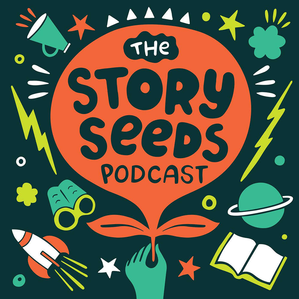 An image of The Story Seeds Podcast logo. The image shows a light green hand holding a red seedling and within it is the title of the podcast in a very dark green font. Surrounding it is a number of illustrations that include a rocket, a book, Saturn, lightning bolts, a pair of binoculars, a megaphone, a cloud and some stars.