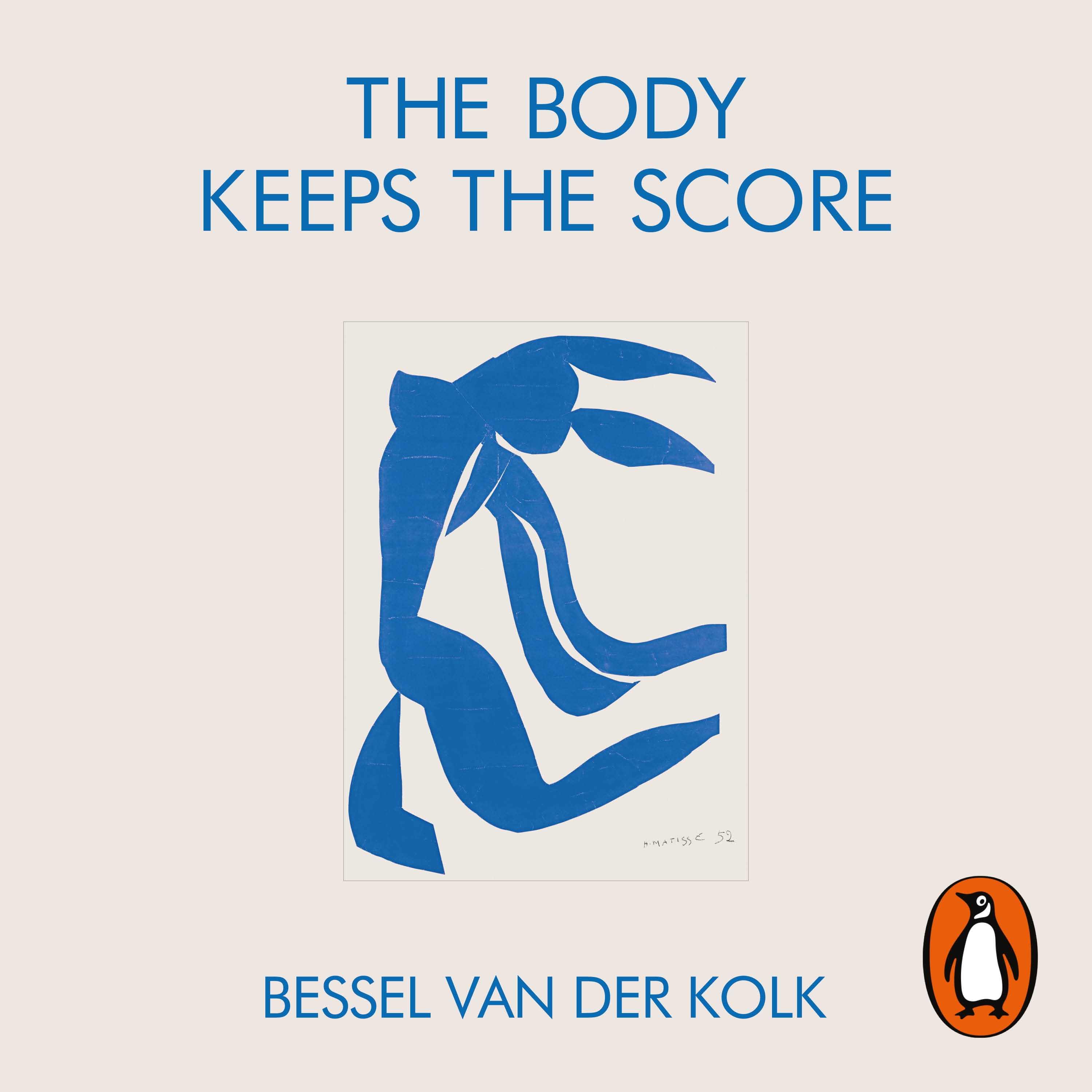Audiobook image for The Body Keeps the Score: Cream background with an abstract blue silhouette of a person. The title is in blue at the top, and the author's name at the bottom.