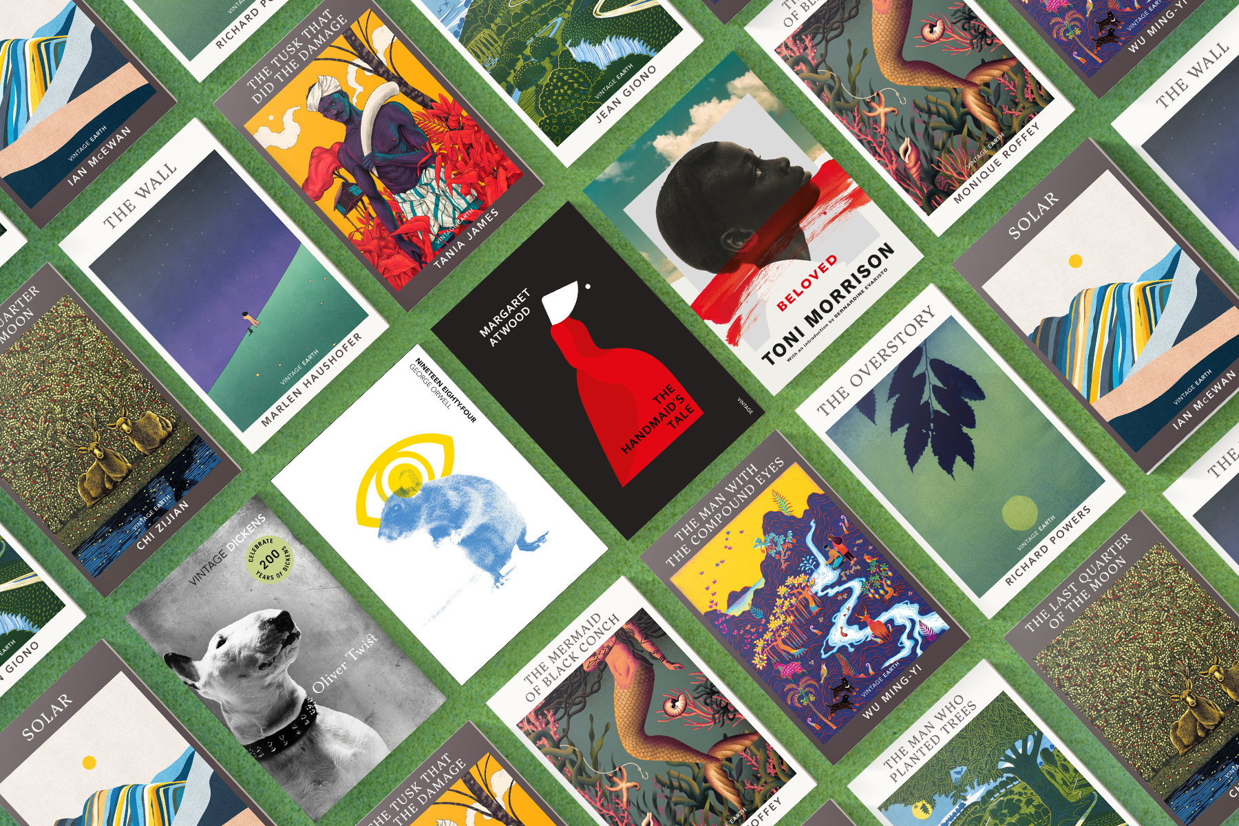 Tiled jackets of fiction books that have changed the world, in Vintage Earth-themed colour scheme