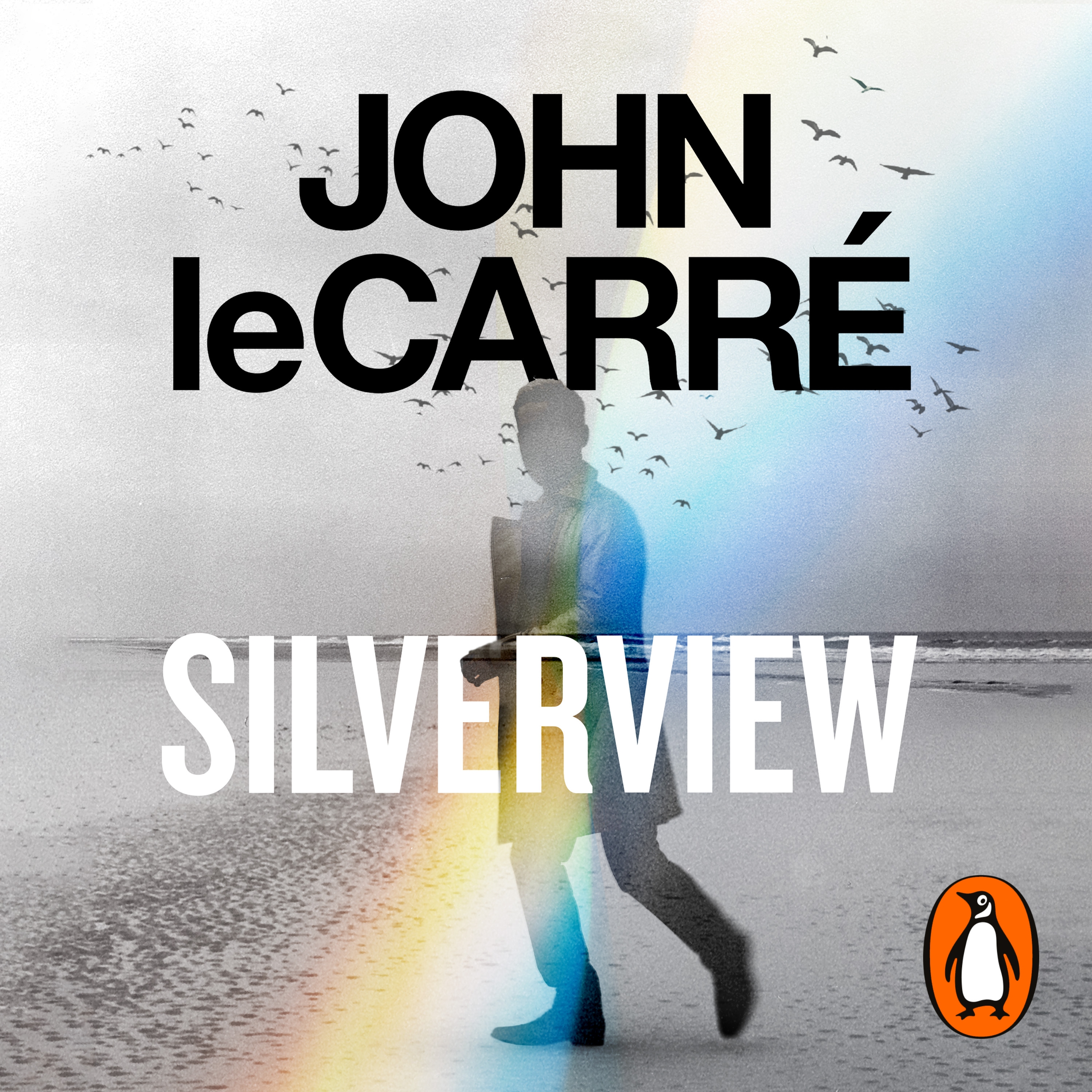 Cover of Silverview by John le Carré. A silhouette of a man, the beach and seagulls in the background. The title is stacked in white down the centre, and the author's name is in black at the top. 