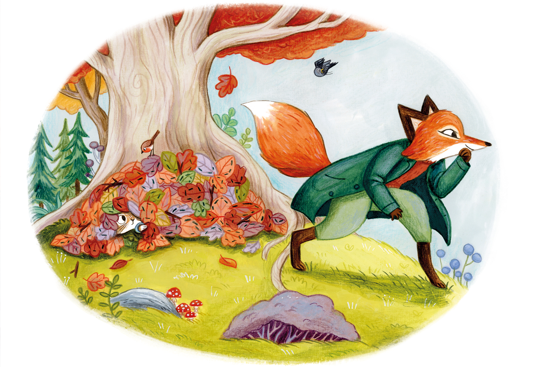 An illustration from Peter Rabbit: Hide and Seek showing Mr Tod looking for Peter who is hiding under a big pile of leaves