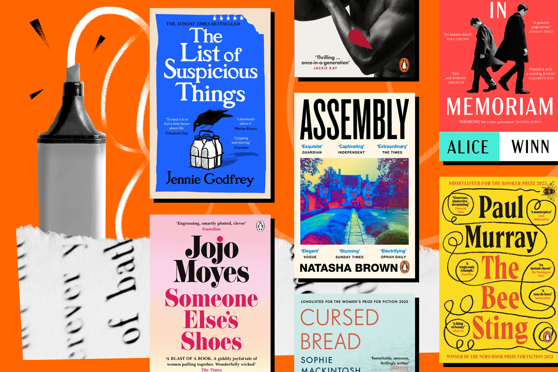 Selection of book covers next to a piece of paper and highlighter on an orange background