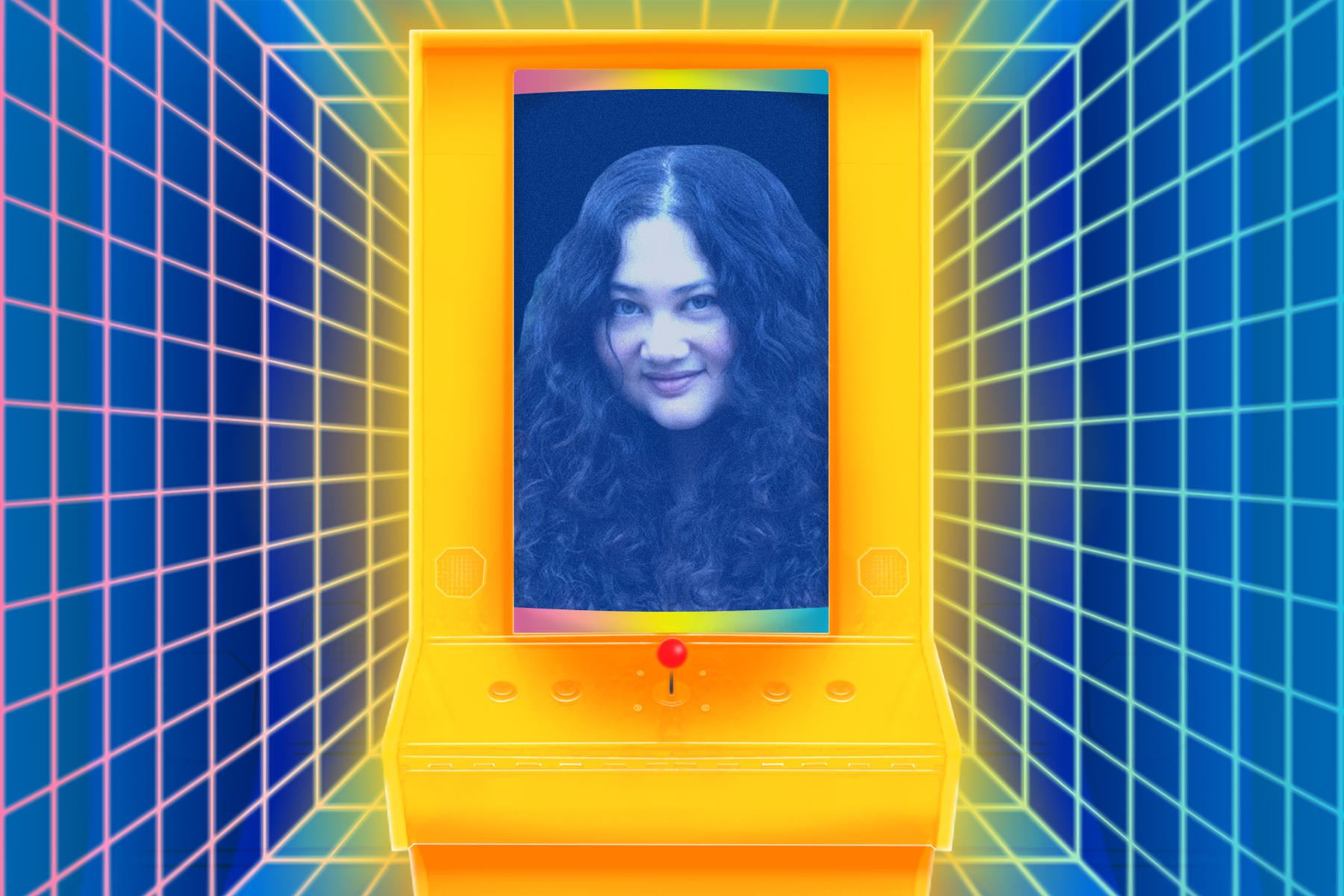An orange arcade game with a photograph of Gabrielle Zevin inside in a blue background