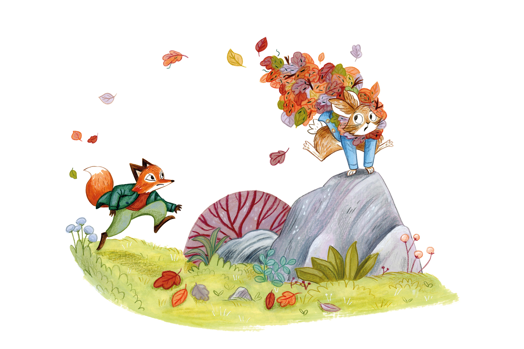 An illustration from Peter Rabbit: Hide and Seek showing Mr Tod chasing Peter Rabbit who is leaping over a rock