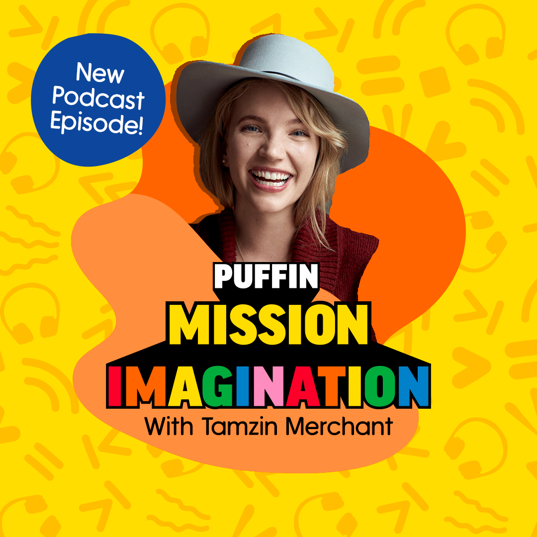 An image showing a headshot of author Tamzin Merchant on a yellow doodled background with an orange splodge. The words Puffin Mission Imagination are in multicoloured text in the centre