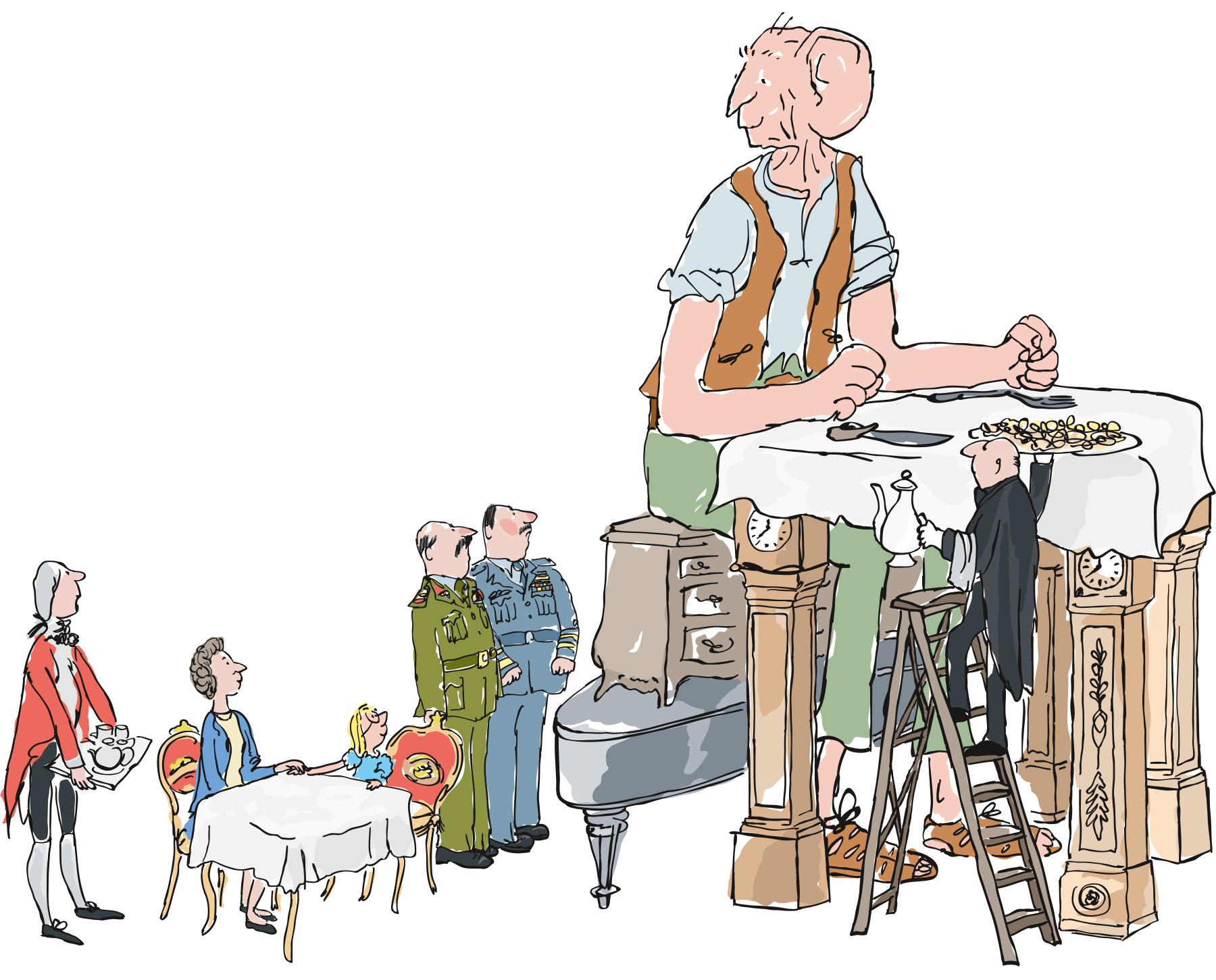 Illustration by Quentin Blake of The BFG having dinner with the Queen from Roald Dahl's classic book.