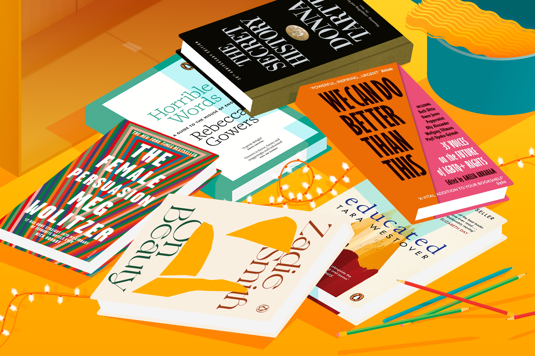 Illustration of a selection of books on the floor on an orange background