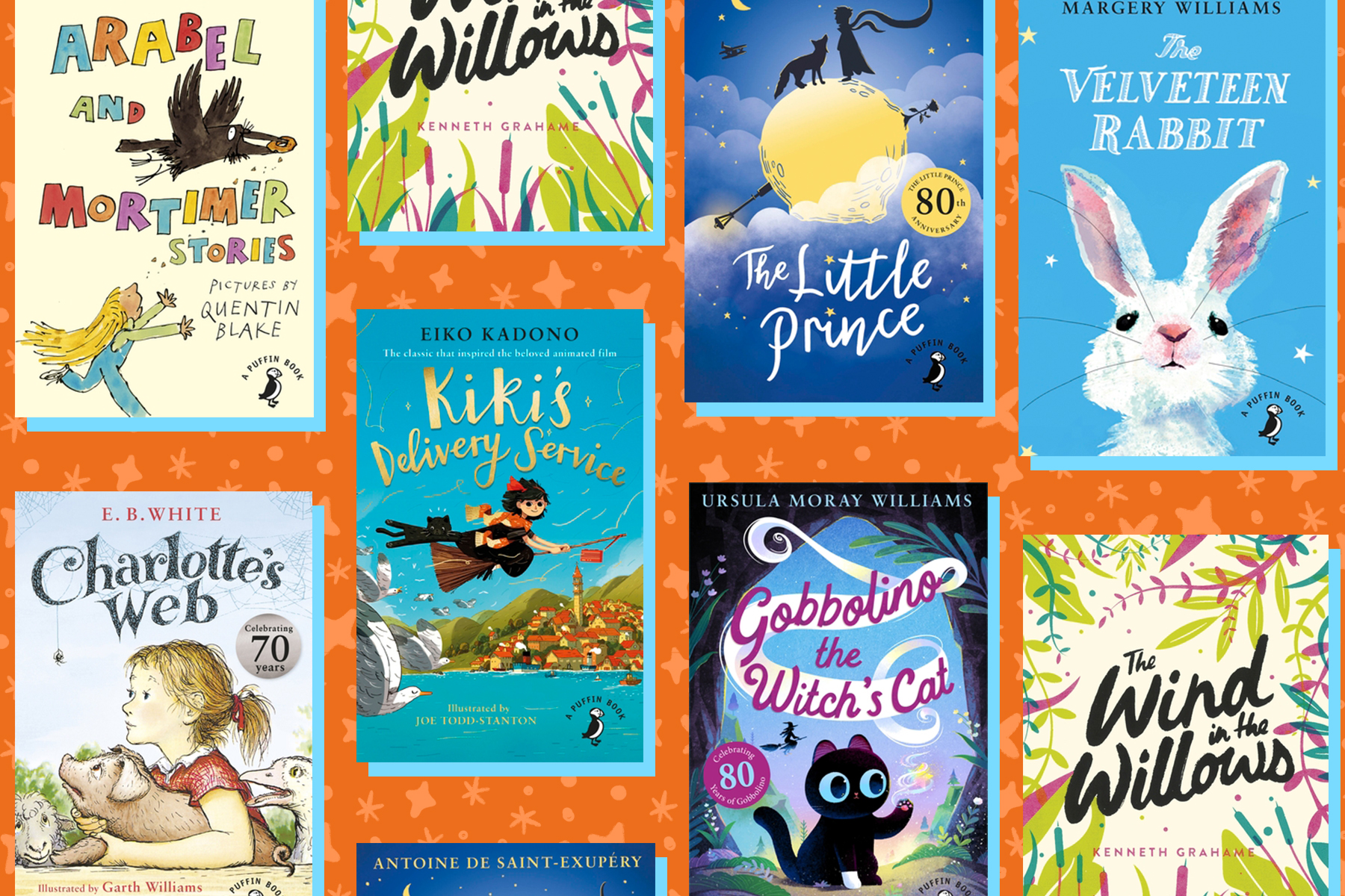 A selection of classic books for 6 to 8 year olds on an orange doodle background