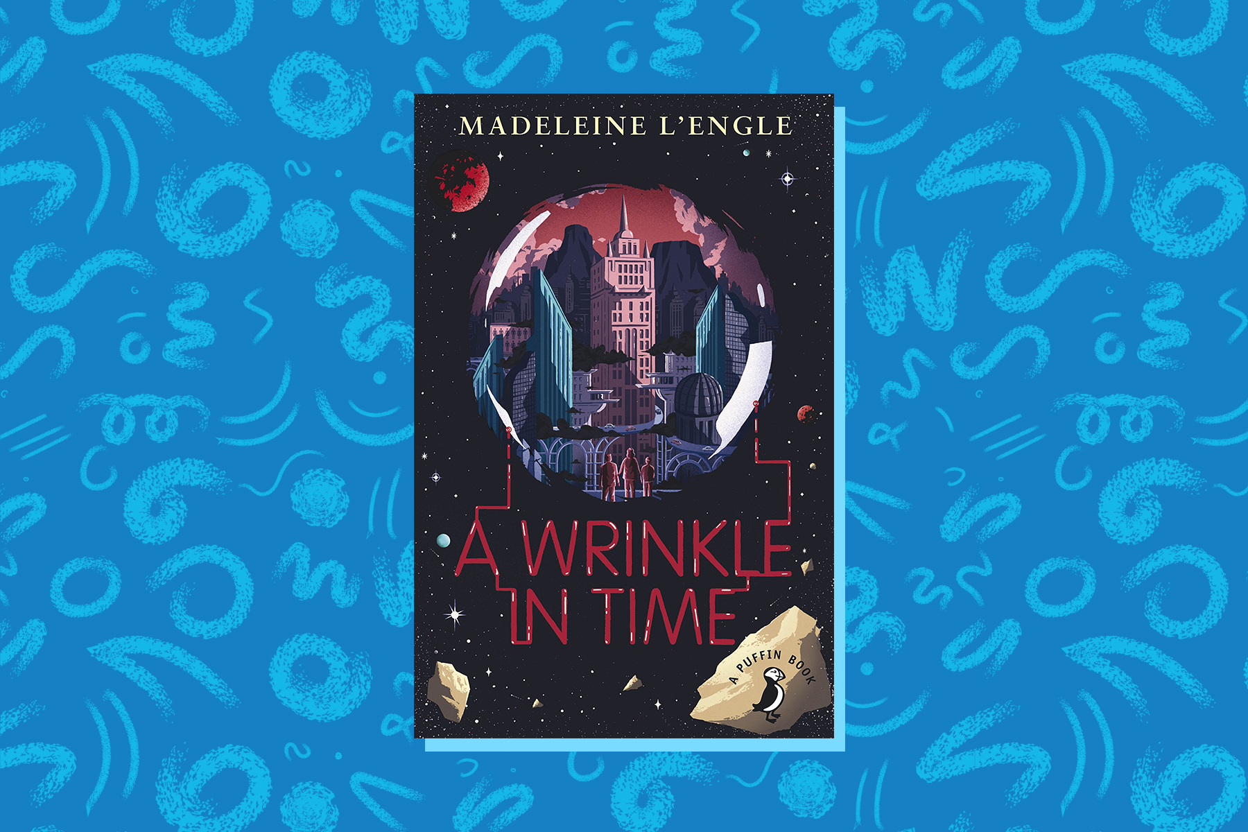 An image of the front cover of the book A Wrinkle in Time on a blue doodle background