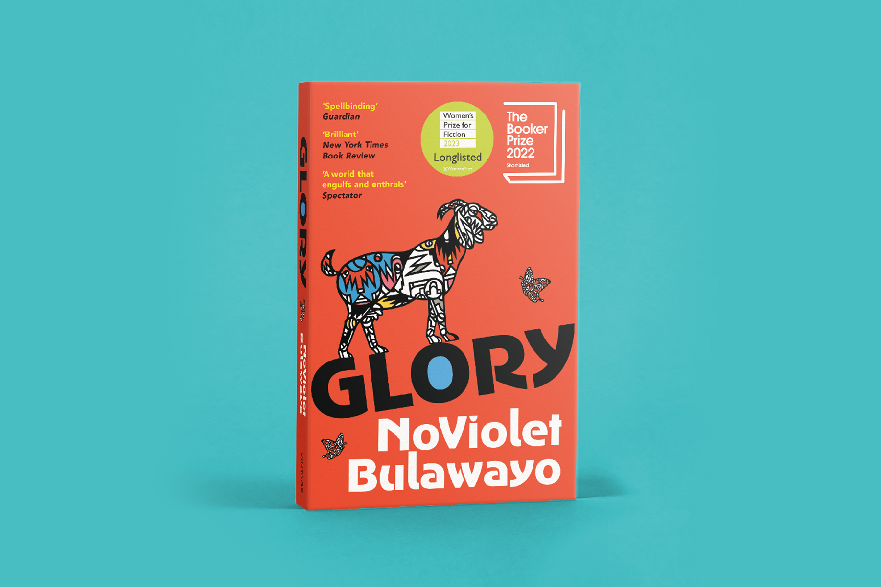 Paperback book, Glory by NoViolet Bulawayo, standing upright against a blue background