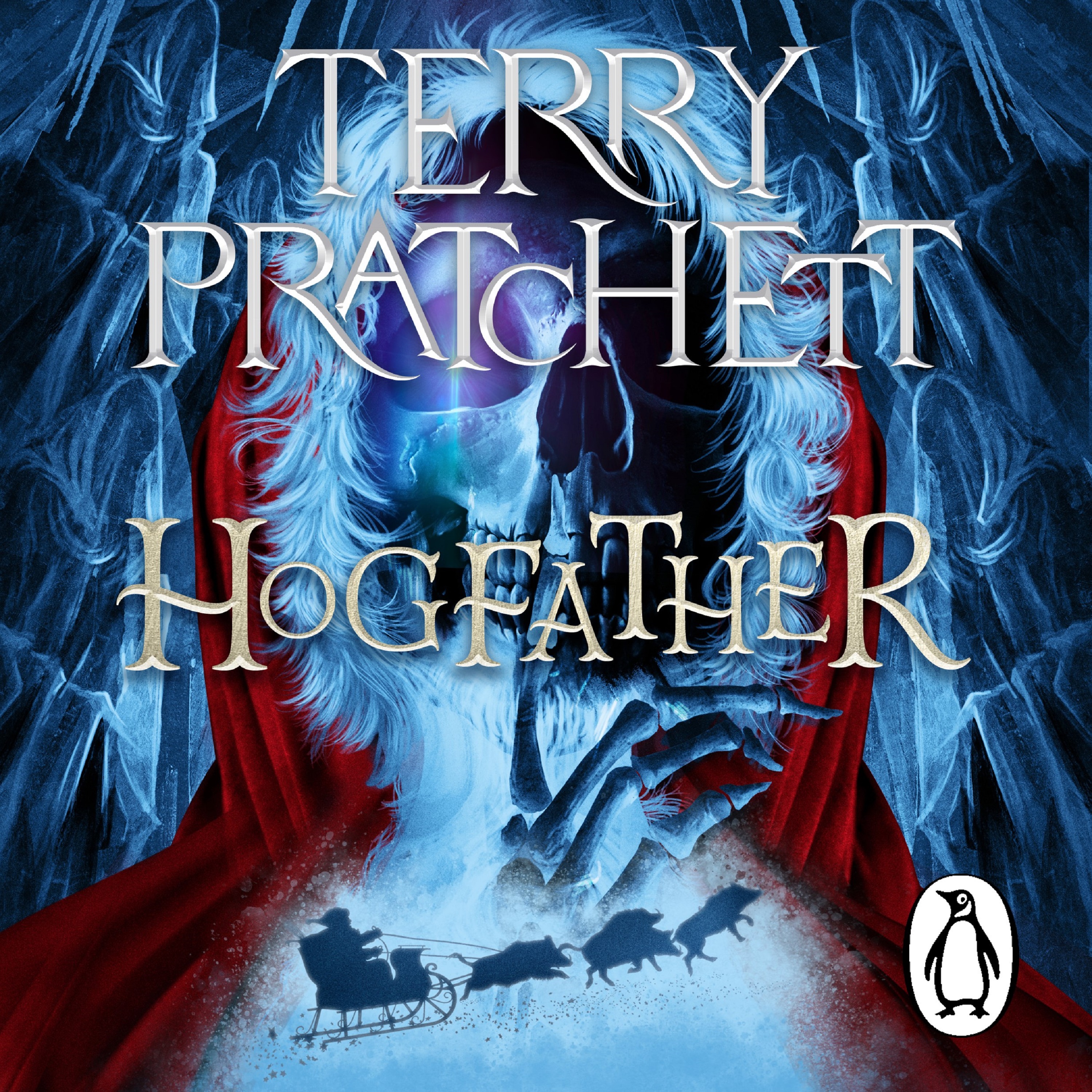 Audiobook image for Hogfather: A blue colour palette, with Death wearing a Santa hood in the background, with a silhouette of a sleigh and reindeer at the bottom. Terry Pratchett's name and the title are in large silver font across the centre.
