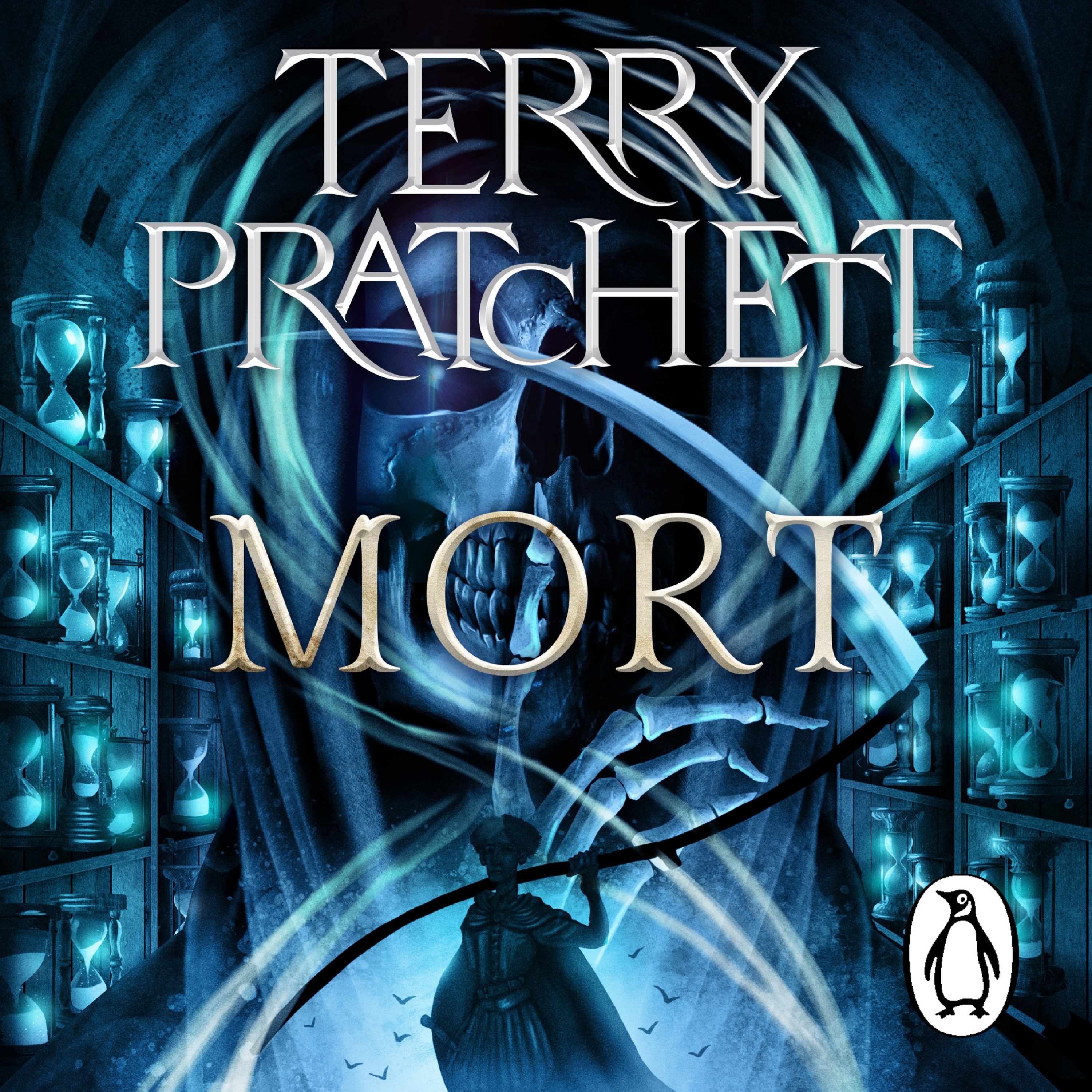 Audiobook image for Mort: A blue colour palette, with Death's face in the background. Along the sides are rows of shelves with egg timers on them. Terry Pratchett's name and the title are in large silver font across the centre.