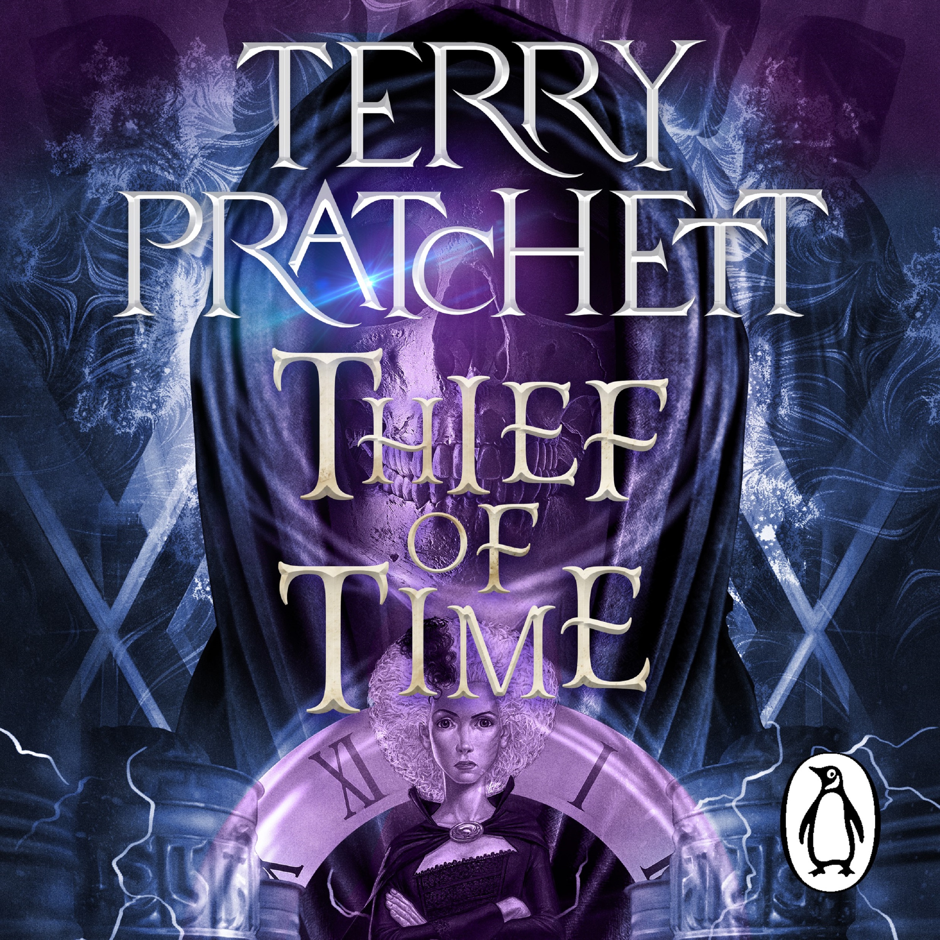 Audiobook image for Thief of Time: a blue colour palette, with Death's face in the background, and a purple clock face at the bottom. Terry Pratchett's name and the title are in large silver font across the centre.
