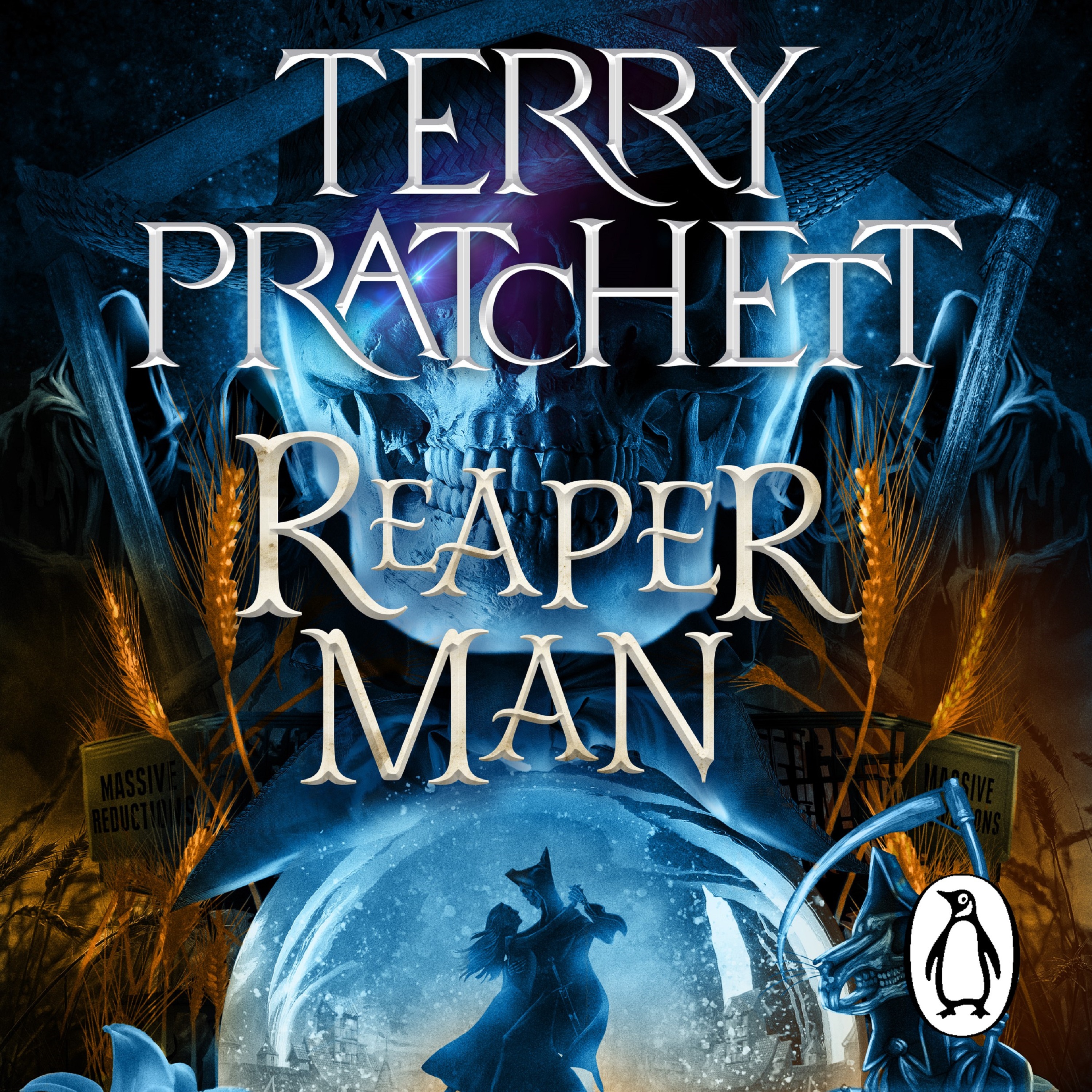 Audiobook image for Reaper Man: a blue colour palette. Death's face, wearing a straw hat and holding a scythe is in the background. At the bottom is a silhouette of a couple dancing. Terry Pratchett's name and the title are in large silver font across the centre.