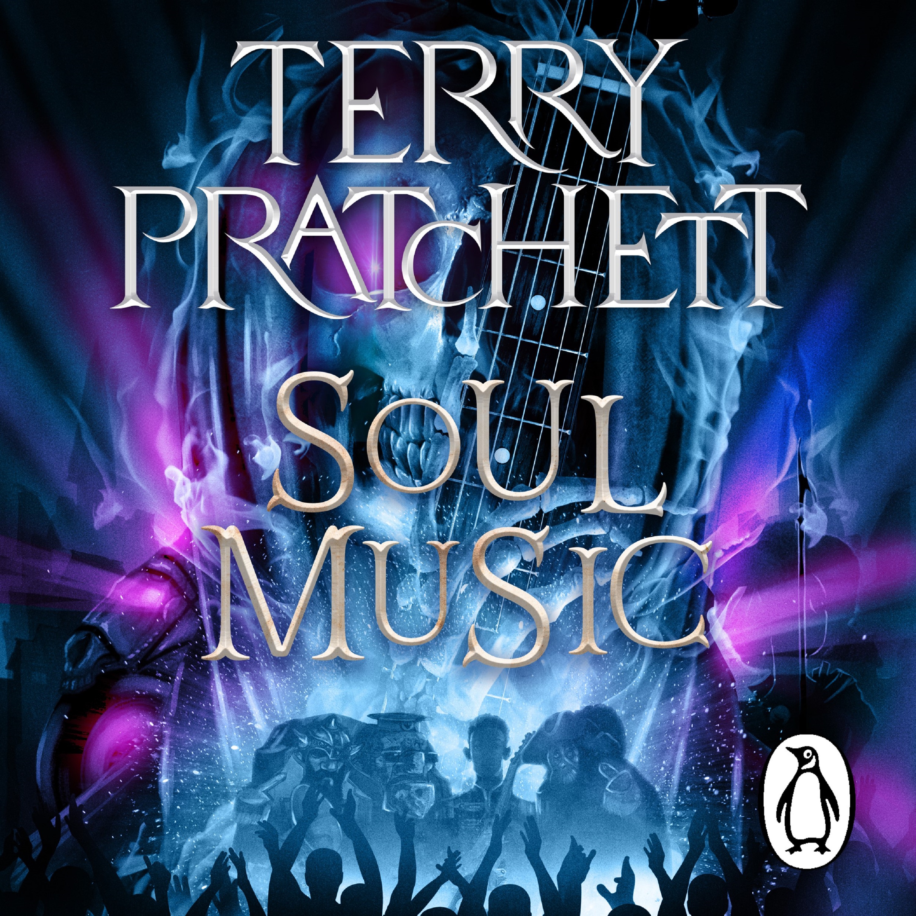 Audiobook image for Soul Music: A blue colour palette; Death's face, with a guitar fret board held in front of him, is in the background. At the bottom is a silhouette of a cheering crowd. Terry Pratchett's name and the title are in large silver font across the centre.