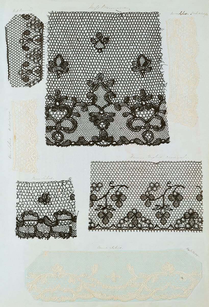 Black and white lace fabric swatches.