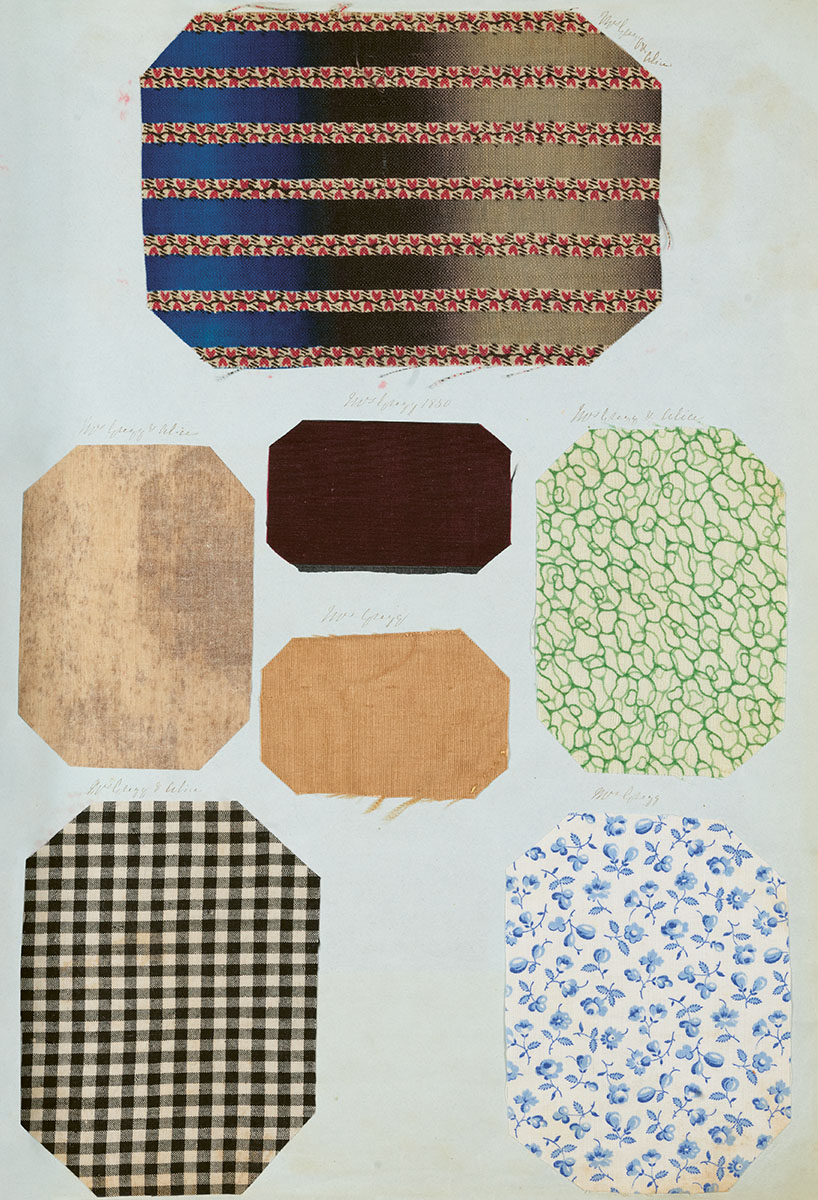 Fabric swatches with floral, stripe and check patterns.