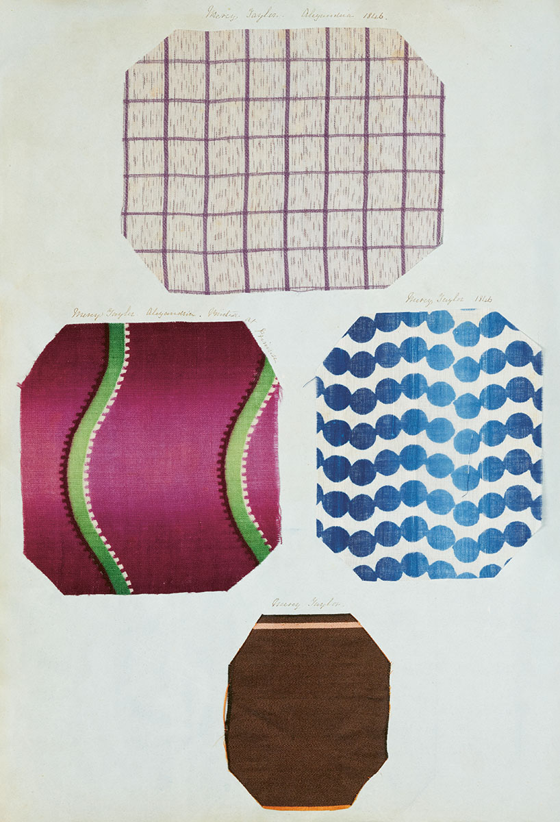 Four fabric swatches with bold, colourful patterns.