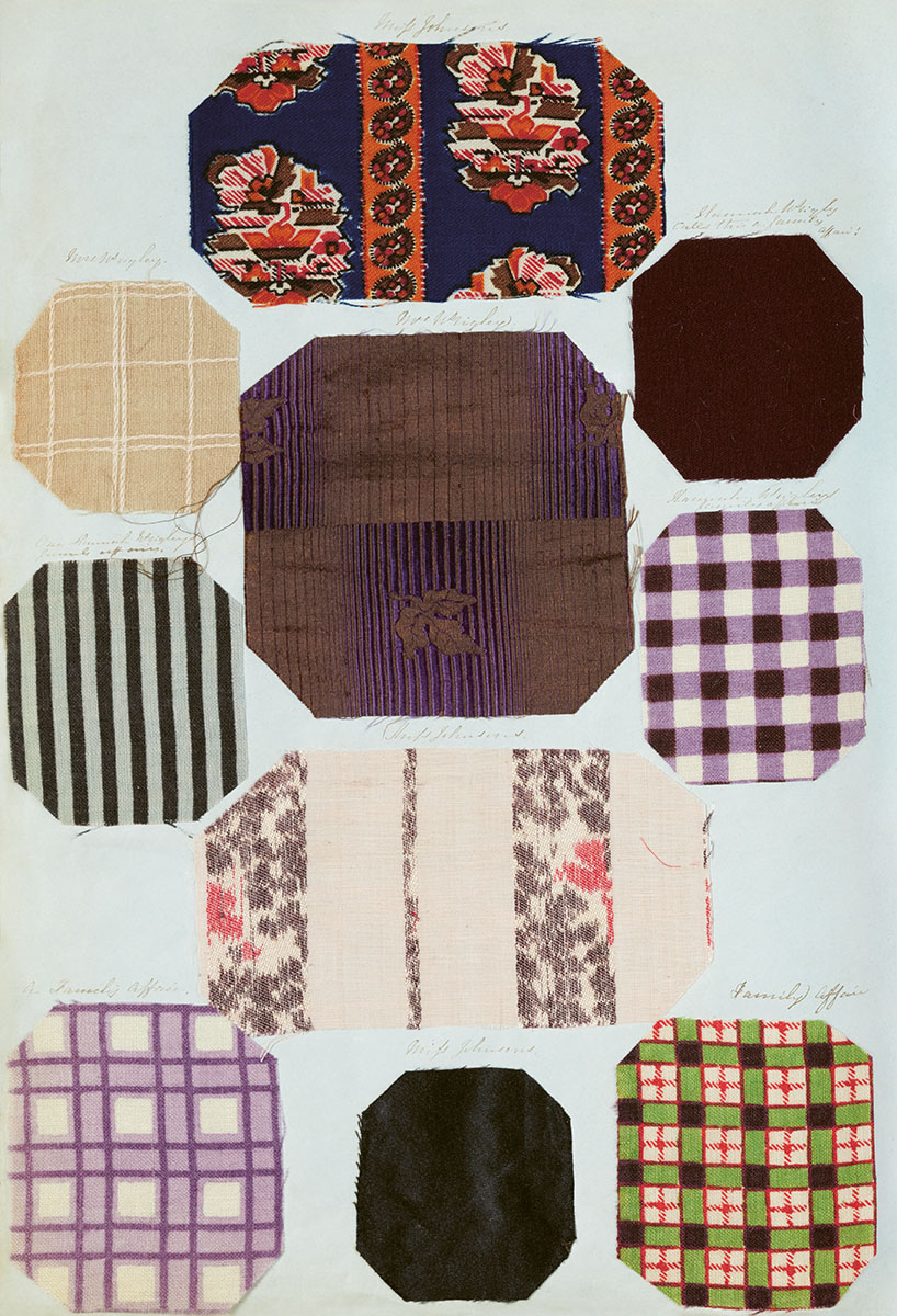 Selection of swatches of patterned fabric. A handwriting label reads 'a family affair'.