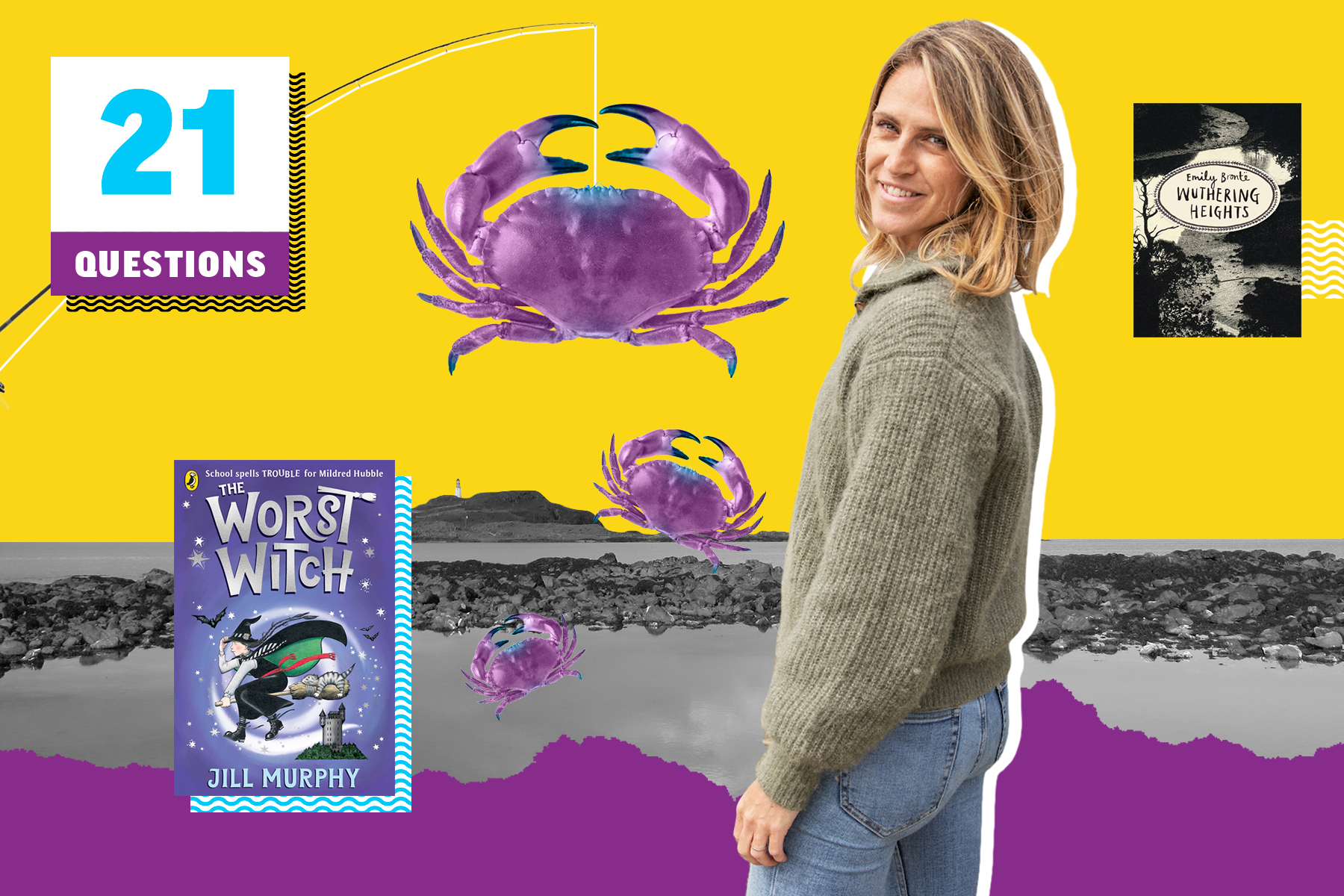 An image with a photo of author Abi Elphinstone standing in front of a collage of the sea. There are images of purple crabs, the book cover of The Worst Witch and Wuthering Heights, and 21 Questions in graphic text.