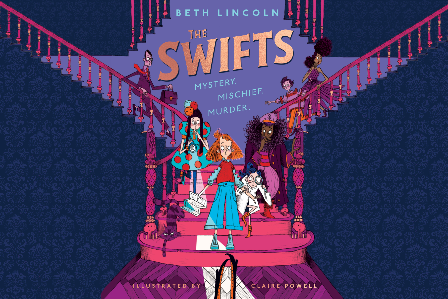 An image of the artwork of the front cover of The Swifts by Beth Lincoln. It is an illustration of the characters in The Swifts standing on a staircase.
