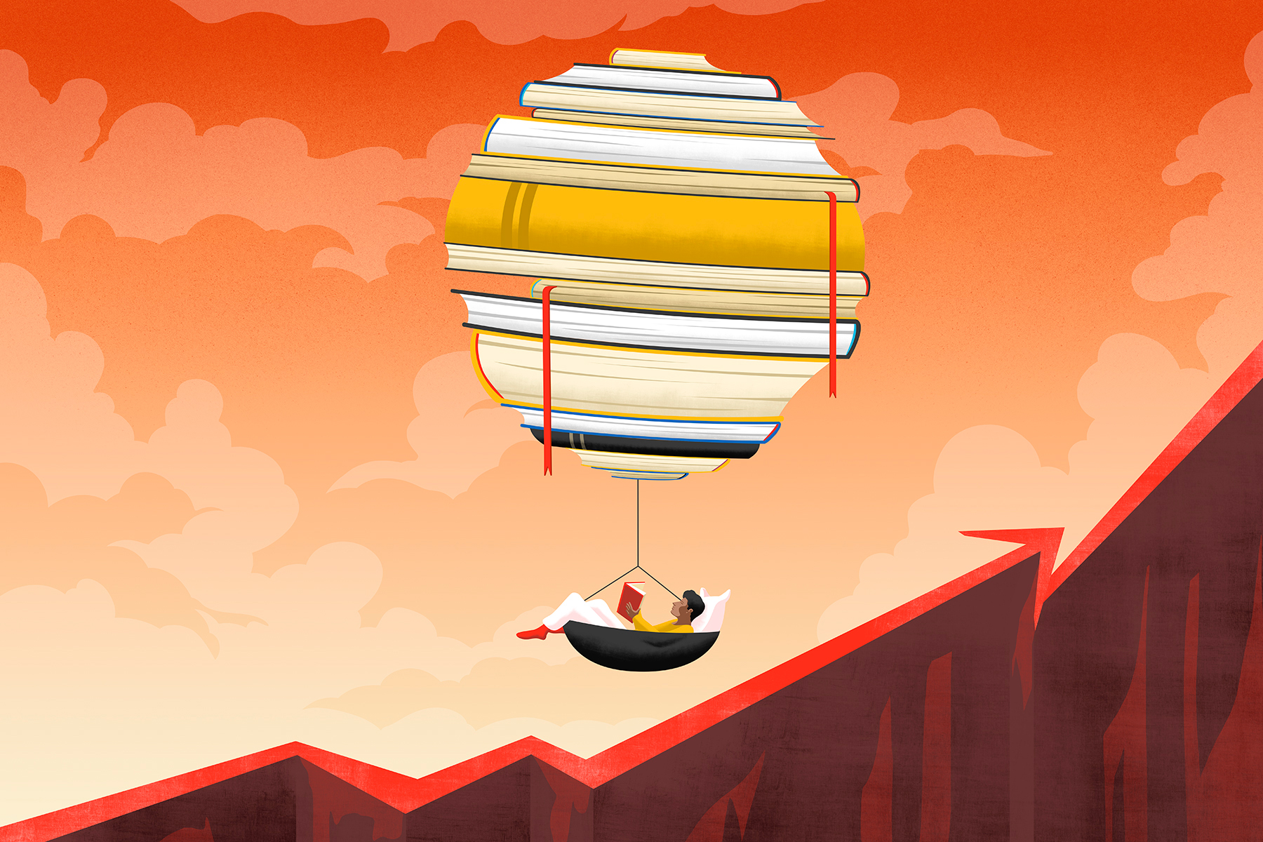 A drawing of a hot air balloon made of books stacked sideways drifting off against a mountain made of an statistical graph, sloping upwards