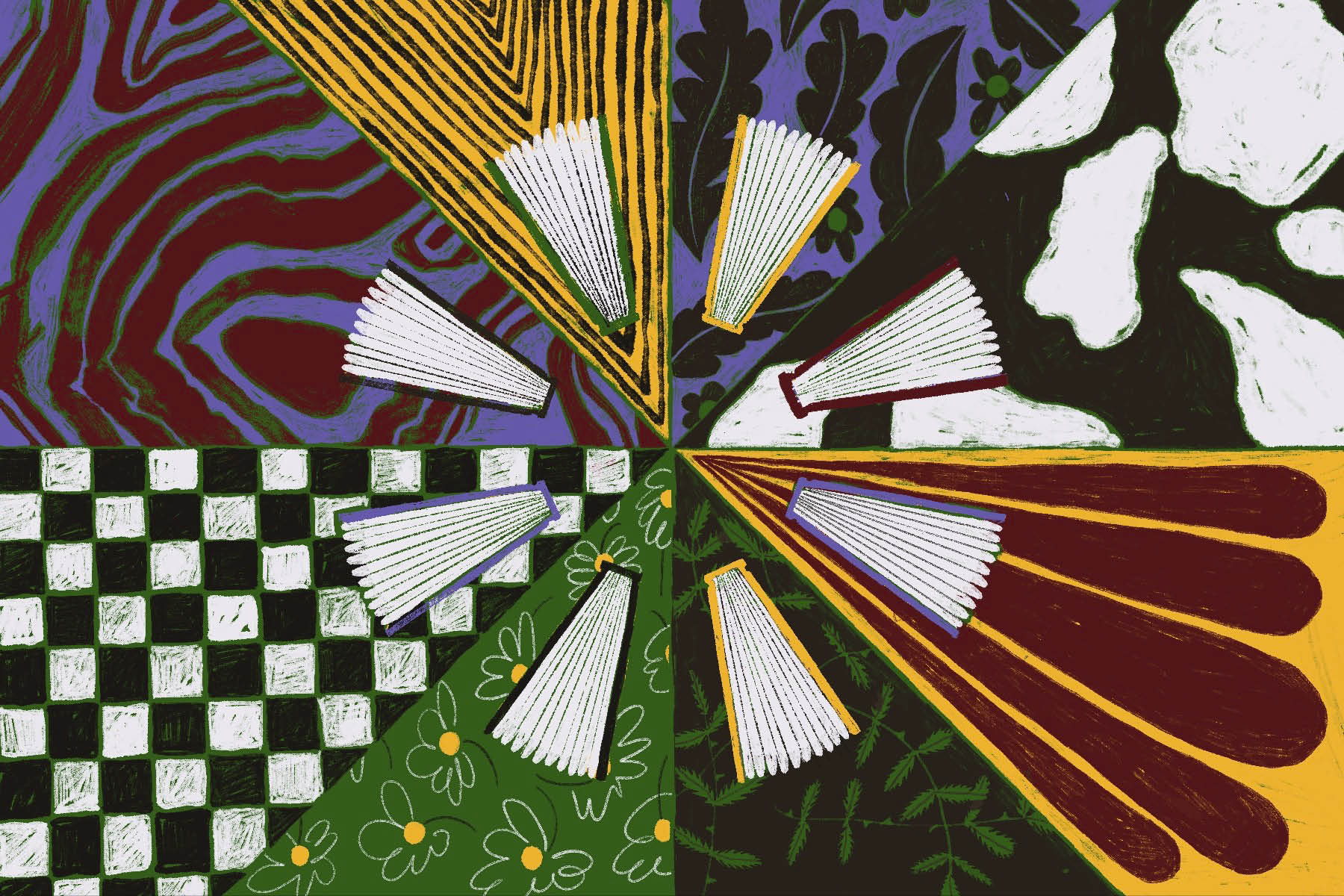 An illustration of eight books seen from above in a circle on a kaleidoscopic background of patterns and colours