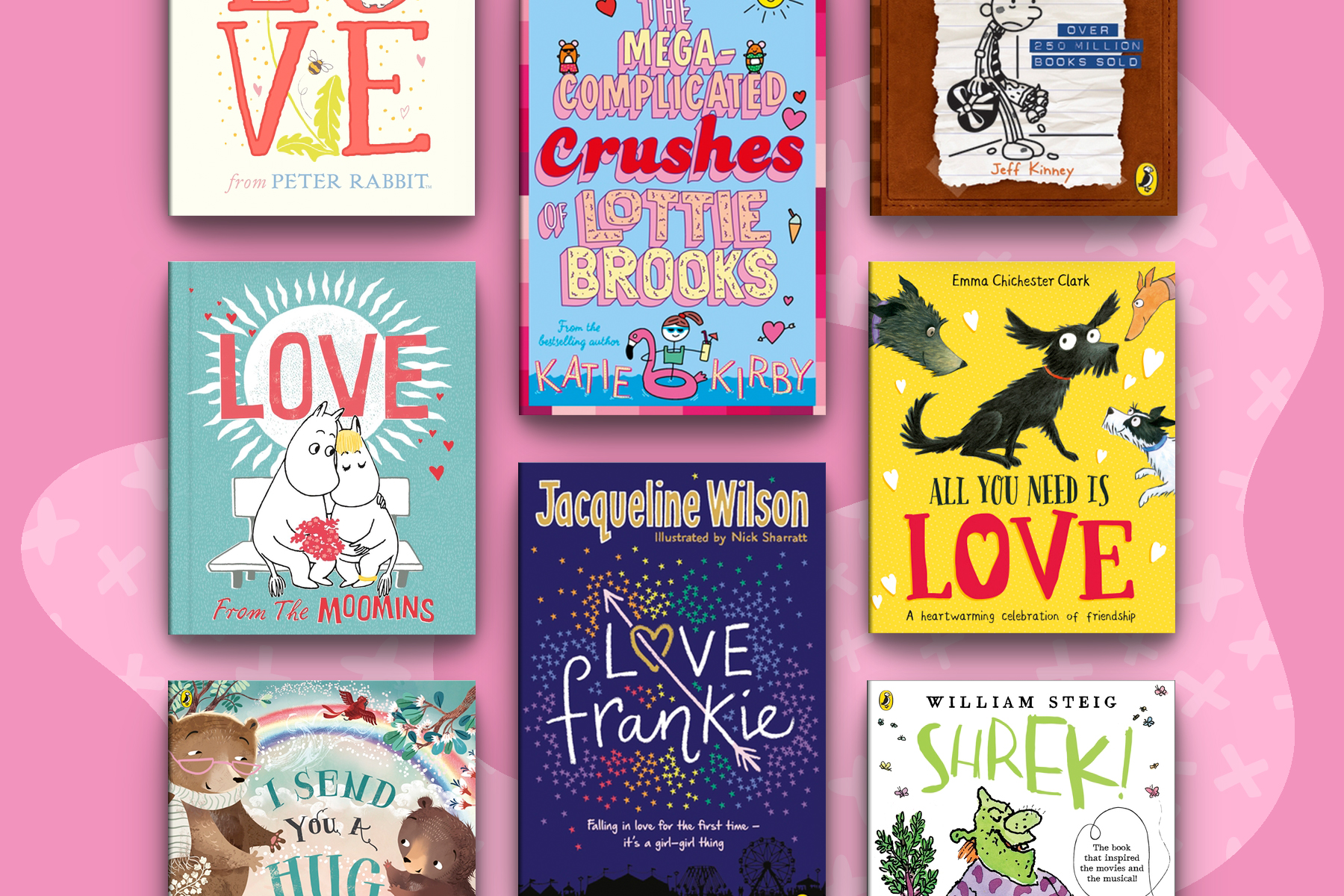 An image of a selection of childrens books about love on a pink background. There is a light pink splodge filled with light pink crosses