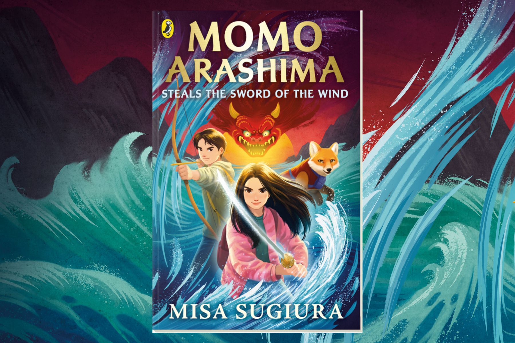 An image of the book cover of Momo Arashima on an illustrated background of water and mountains