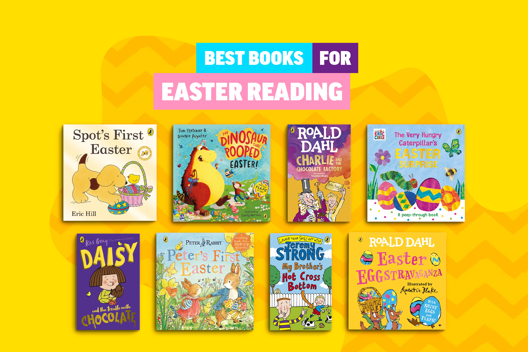 An image of a selection of Easter-themed books on a bright yellow background with a golden splodge that has zigzig lines within it. Above the books in block text that reads 'Best books for Easter reading'