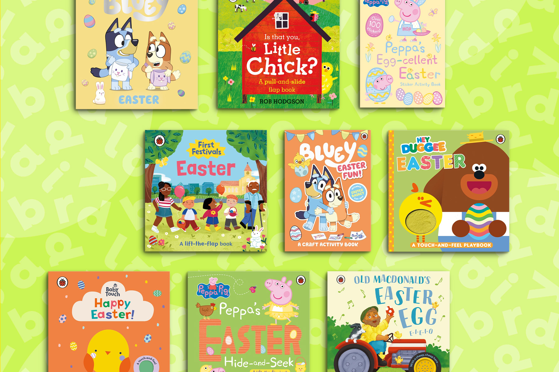 An image of nine childrens books about Easter on a light green background with light green cirles and typography that says Ladybird