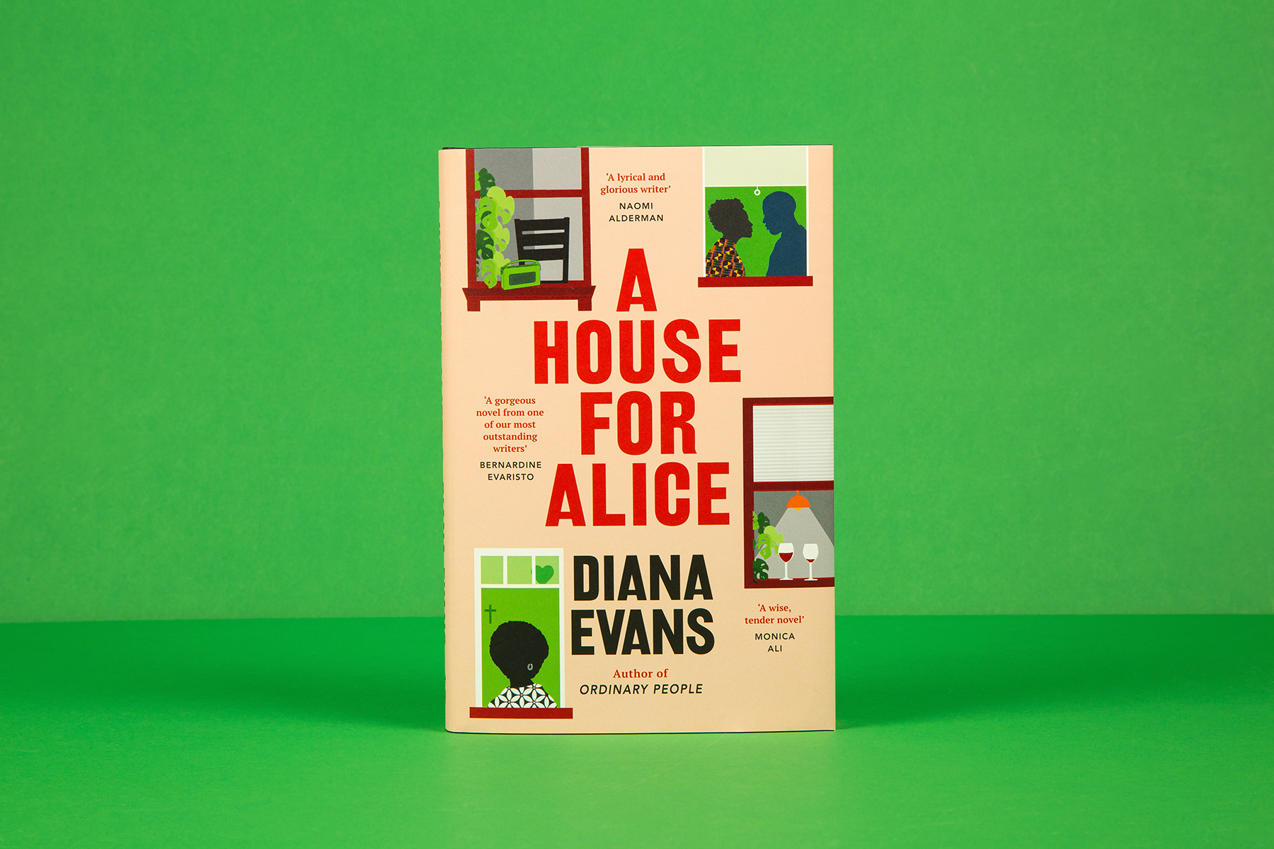Photograph of book, A House for Alice by Diana Evans, standing upright against a green background.