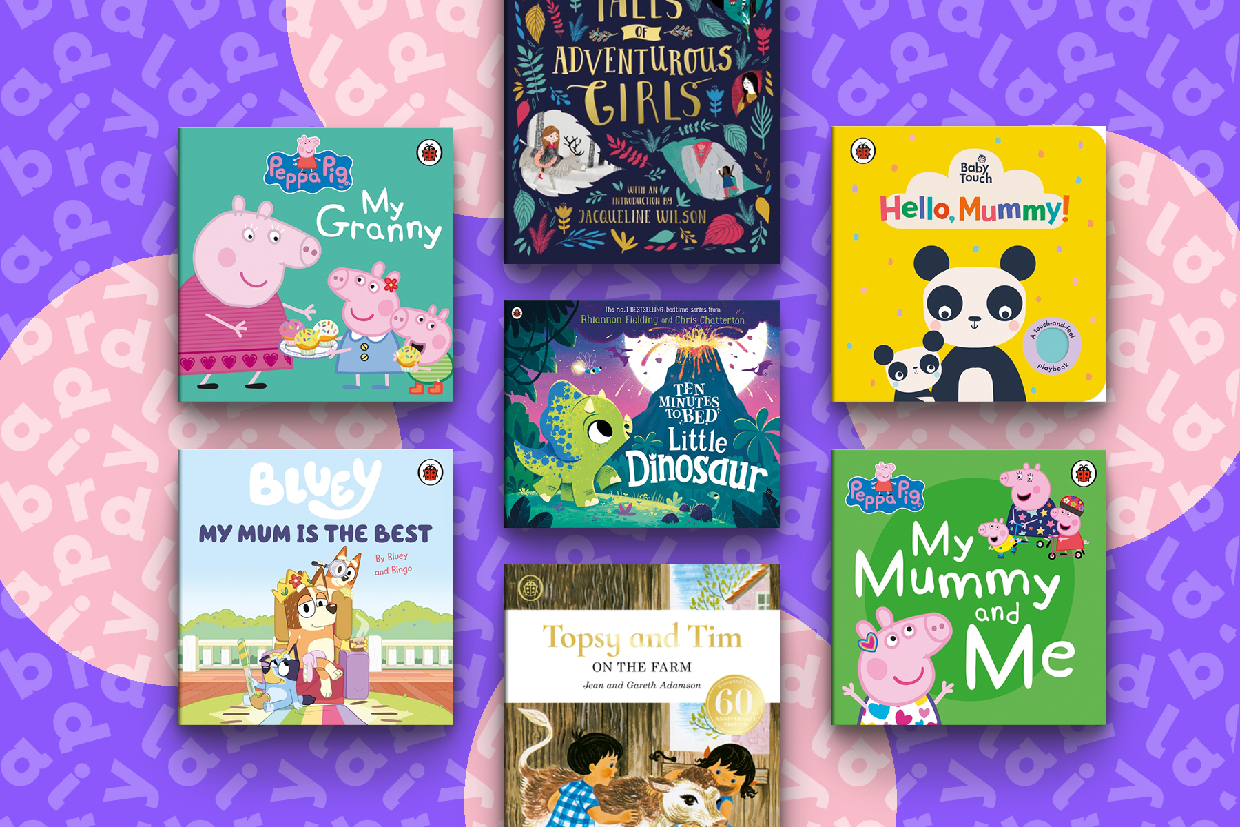 An image showing a selection of children's Ladybird books to share on Mother's Day. They are on a purple background with a Ladybird text pattern and pink spots.