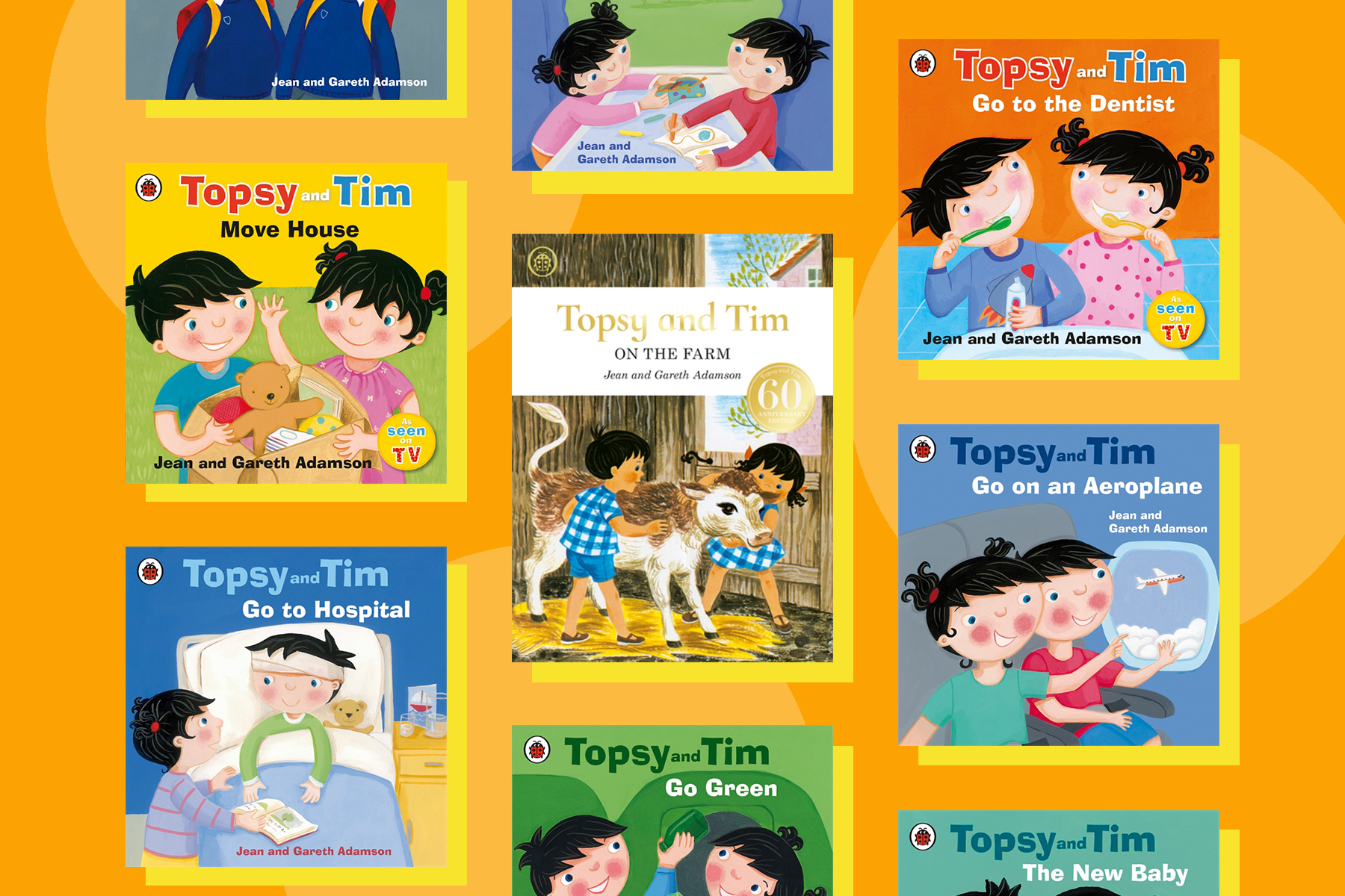 An image of a selection of Topsy and Tim books on a orange background with lighter orange spots
