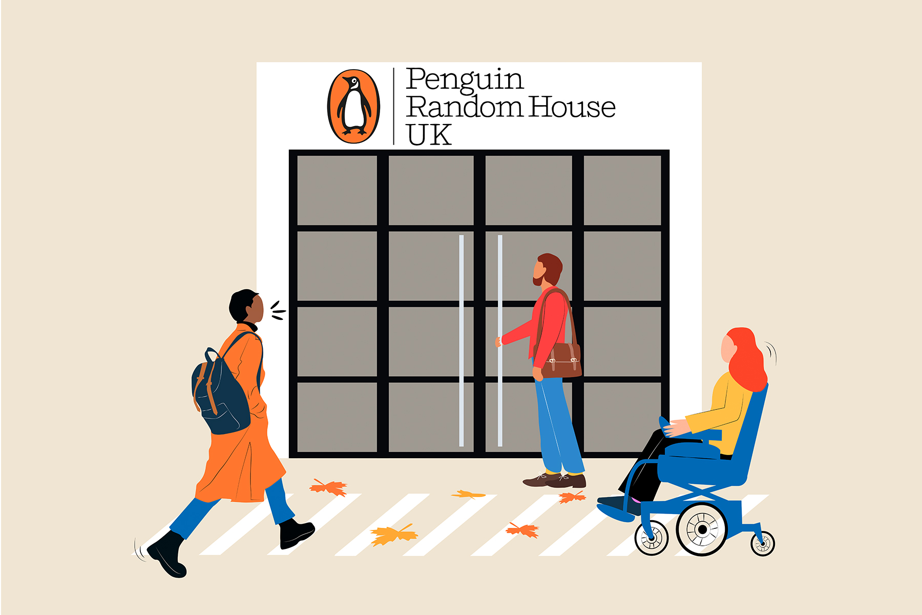 Illustration of three people entering the Penguin Random House UK office, one opening the door, one in a motorised wheelchair, and another walking.