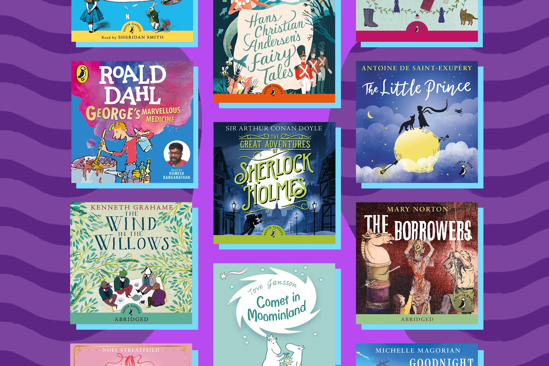 An image showing a selection of children's audiobooks on a dark purple background, with a light purple shape and wave pattern