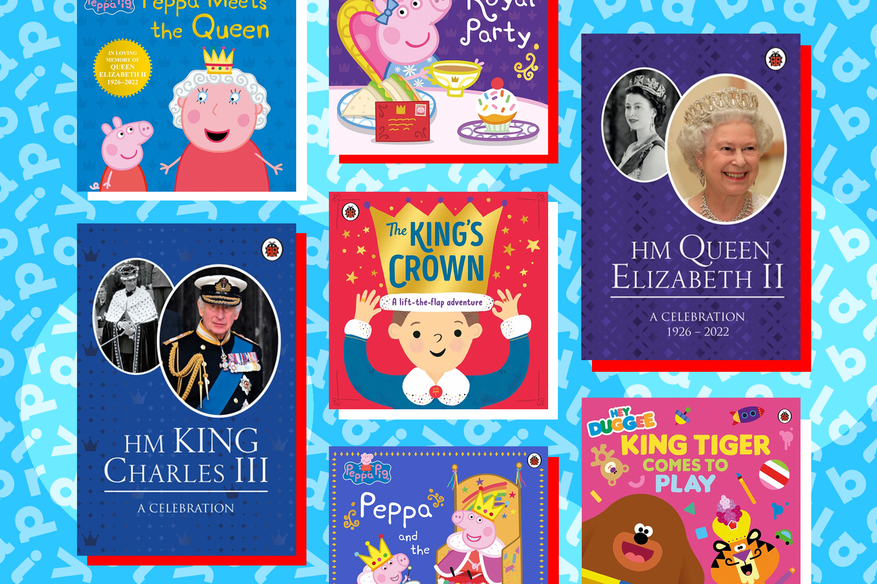 An image that shows a selection of royal-themed books on top of a light blue background