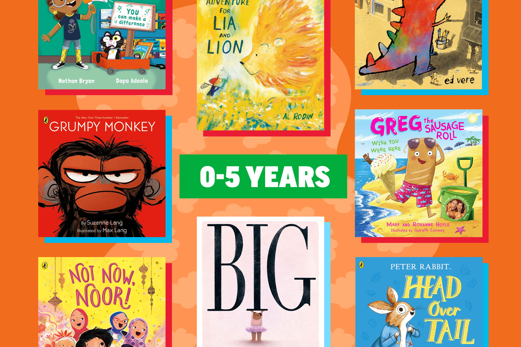 An image of a selection of books for under 5s on an orange background with a large splodge and cloud print
