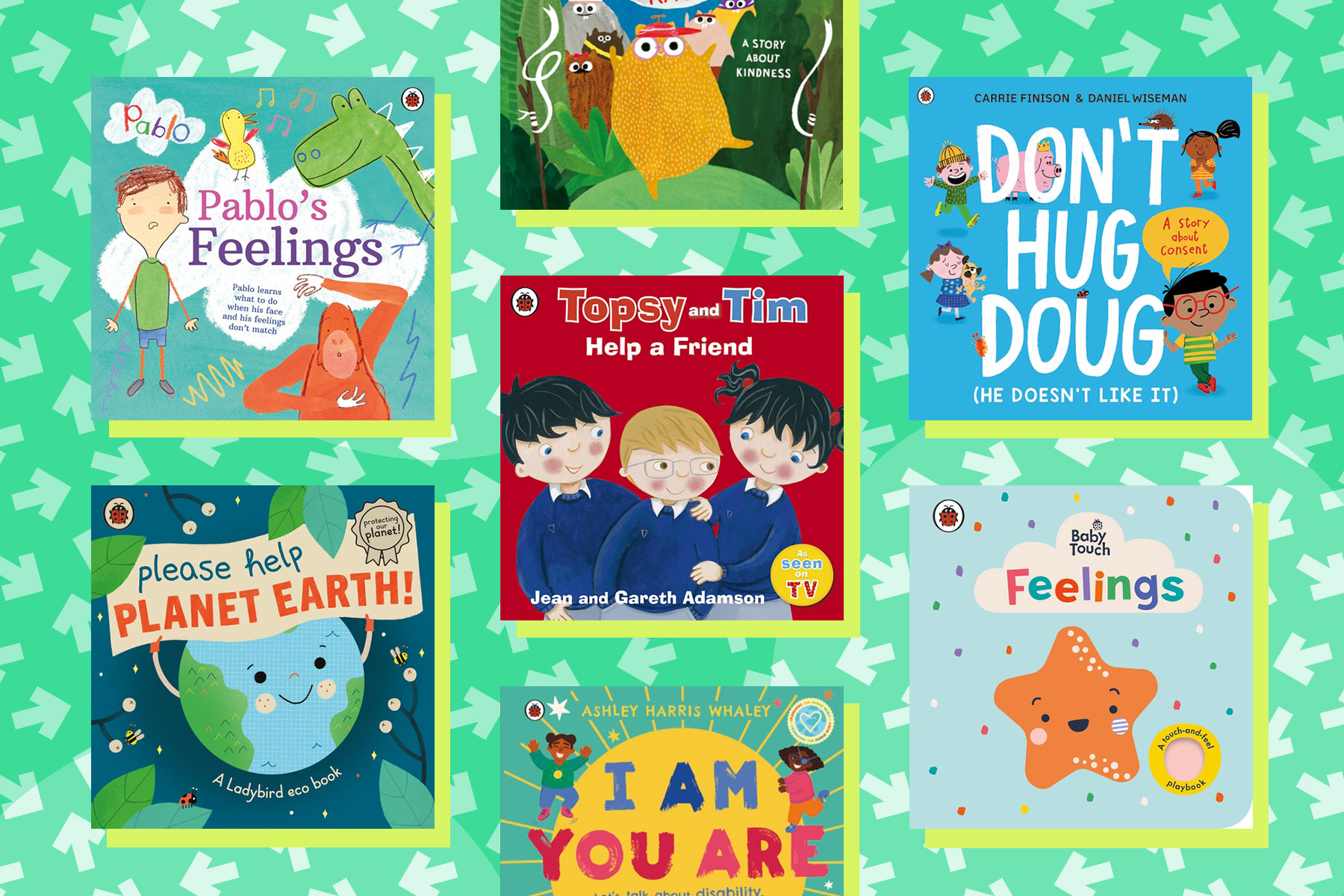 A selection of children's books that include themes of empathy. They sit on a green background with large spots and an arrow pattern.